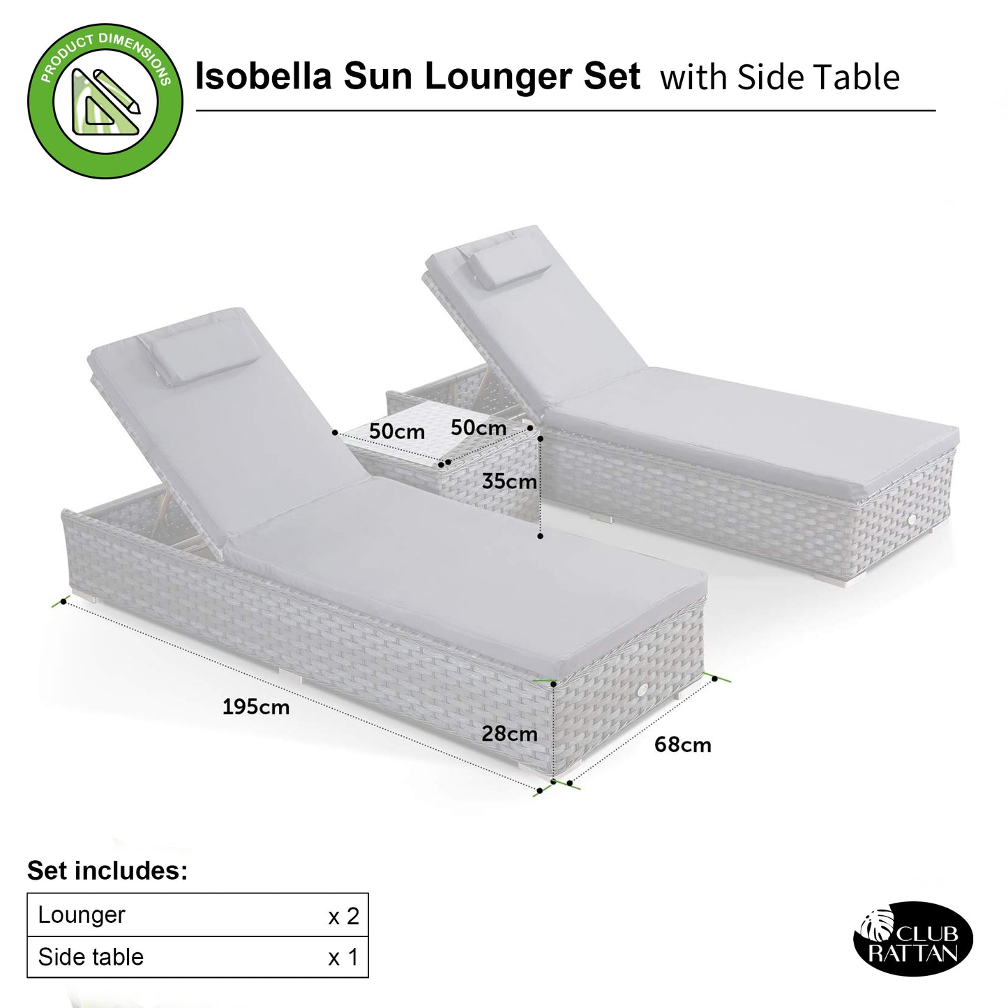 Isobella Range Sun Loungers with Side Table in Wide Grey Rattan