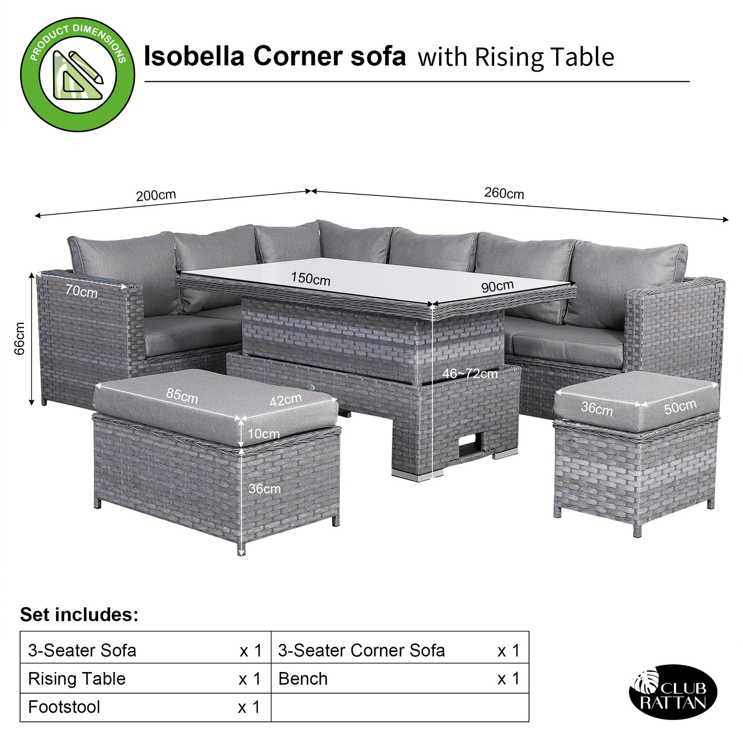 Isobella Range Left Hand Corner Sofa Set with Rising Table in Slate Grey Weave