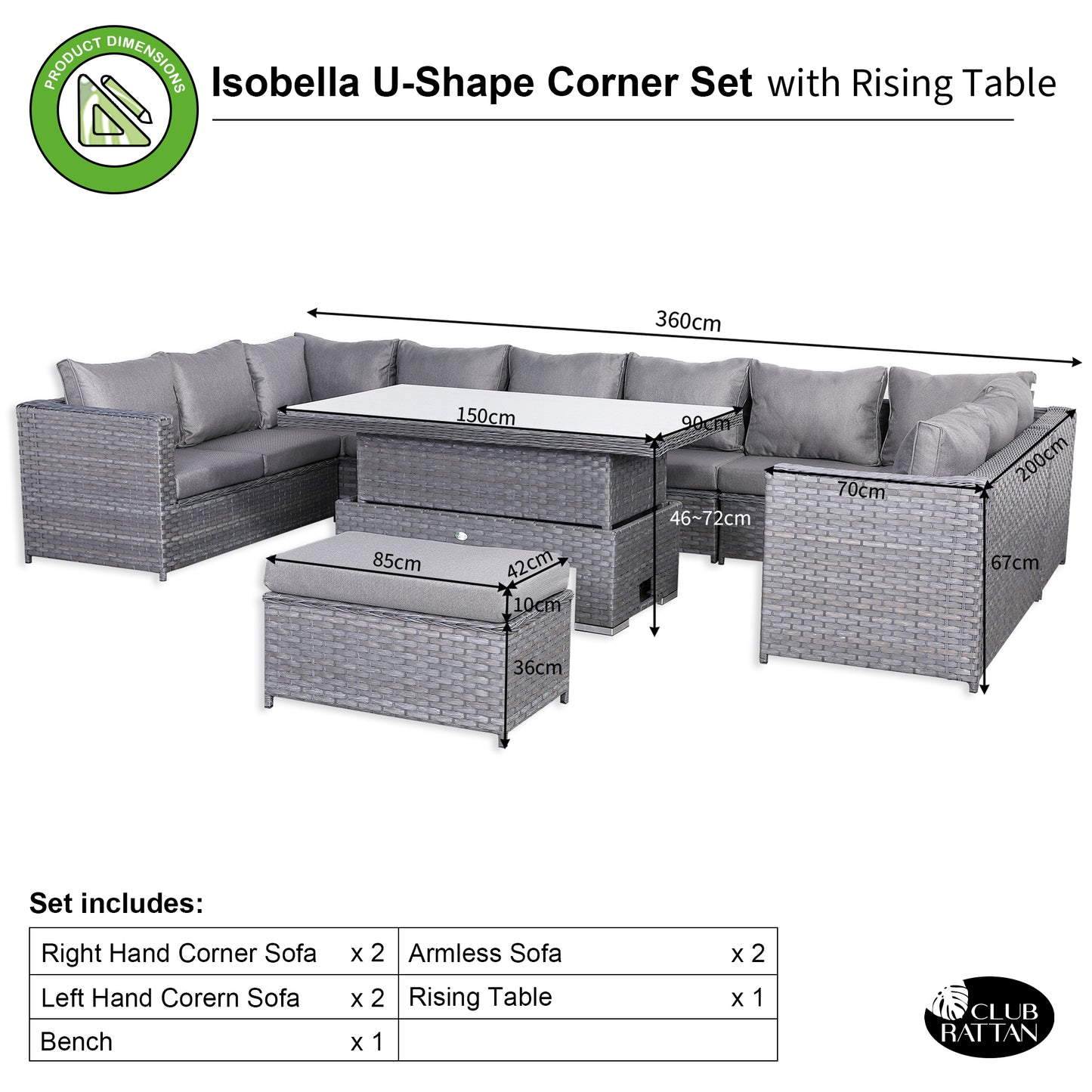Isobella Range Large Modular U-Shape Corner Set with Rising Table in Slate Grey Weave