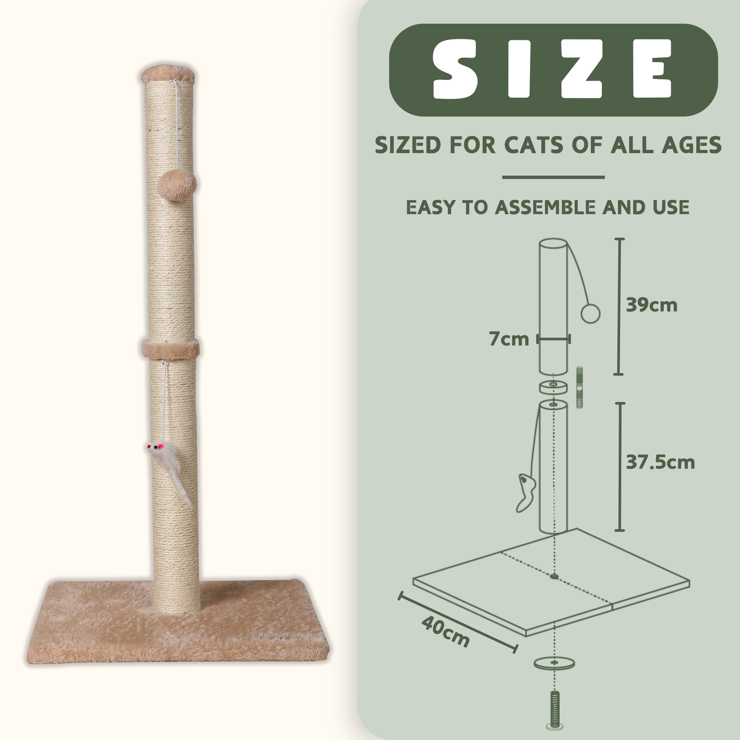 Max Mice Cat Scratching Post – Tall Sisal Scratch Tower with Hanging Ball & Mouse, Sturdy Base for Kittens & Adult Cats (Beige)