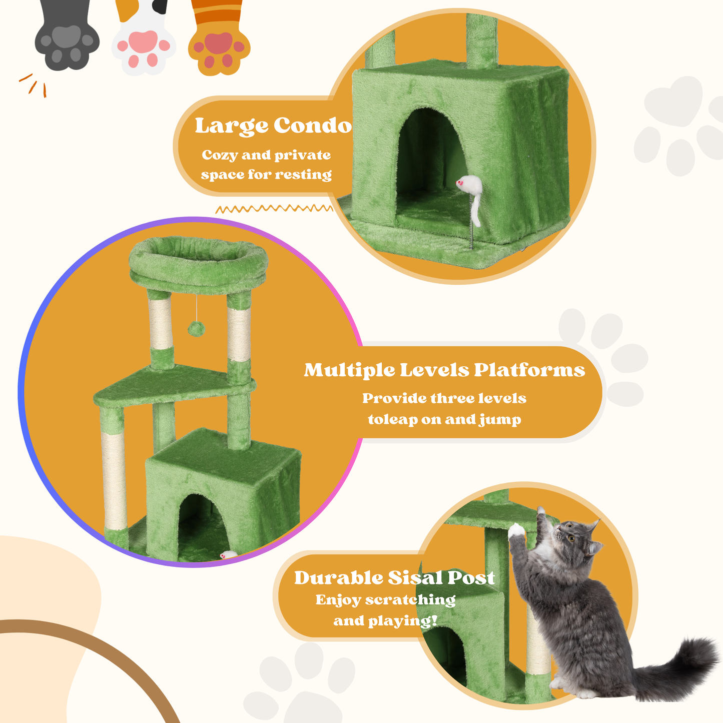Max Mice Tree Tower Scratching Posts Multilevel Cat Climbing House with Condos & Ladder Cat Activity Centre for Indoor Cats, Green