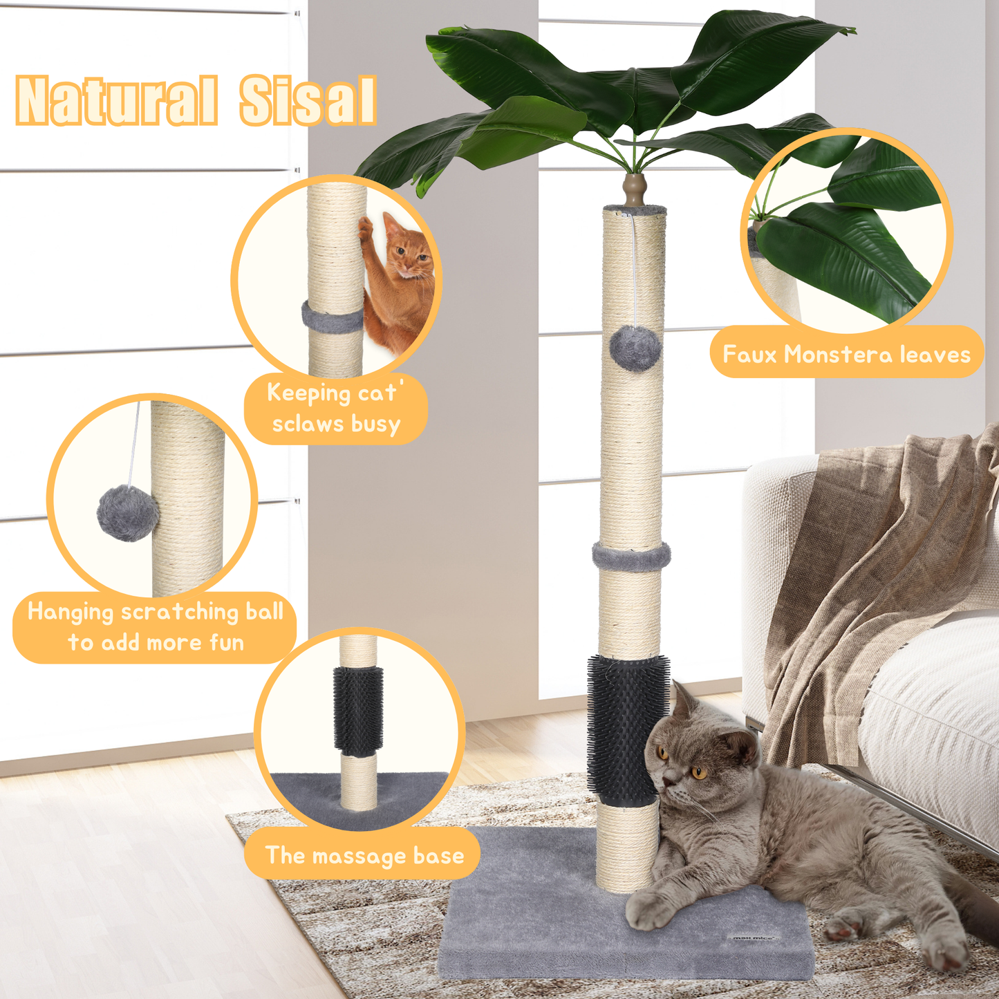 Max Mice Cat Scratching Post, 80cm Kitten Scratching Post with Premium Sisal Rope, Cute Cat Tree with Dangling and Spring Ball Toys for Indoor Small Cats(Bird of Paradise)