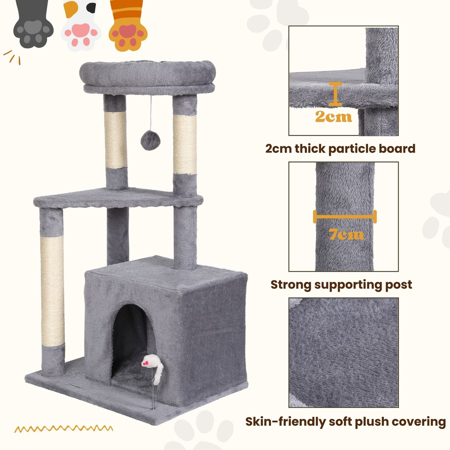 Max Mice Tree Tower Scratching Posts Multilevel Cat Climbing House with Condos & Ladder Cat Activity Centre for Indoor Cats, Grey
