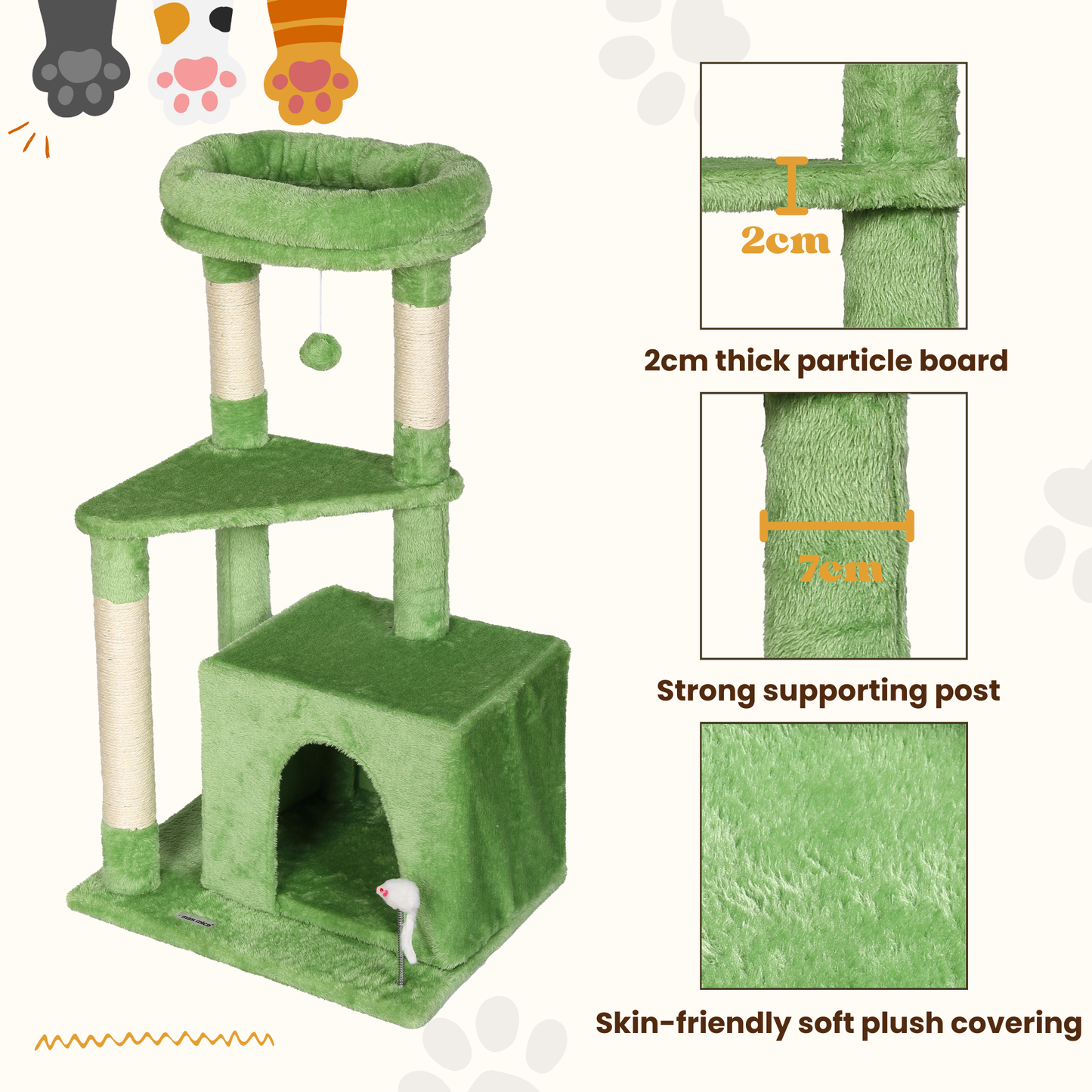 Max Mice Tree Tower Scratching Posts Multilevel Cat Climbing House with Condos & Ladder Cat Activity Centre for Indoor Cats, Green