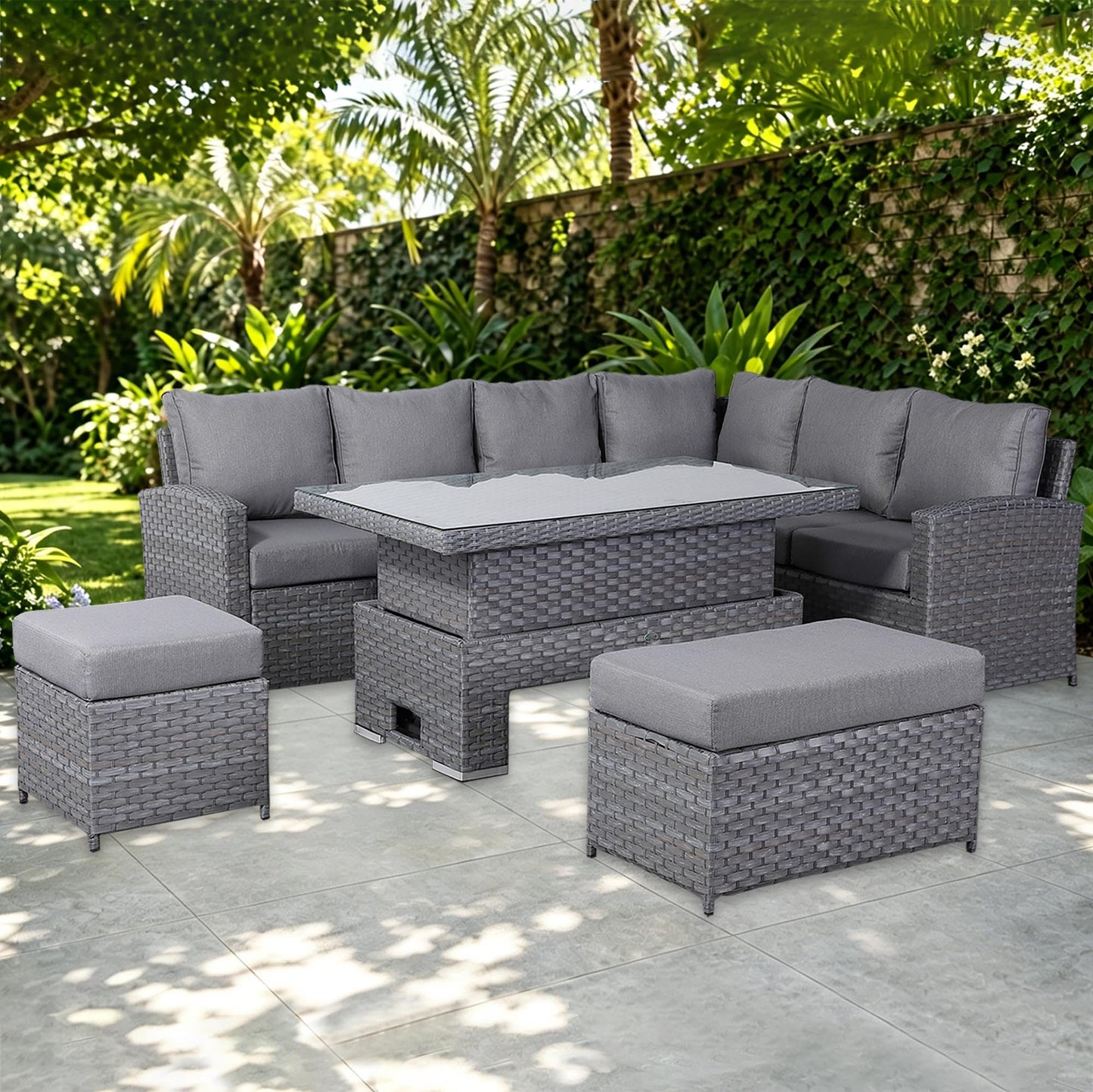 Isobella High Back Range Right Hand Corner Sofa Set with Rising Table in Preminum Grey Rattan