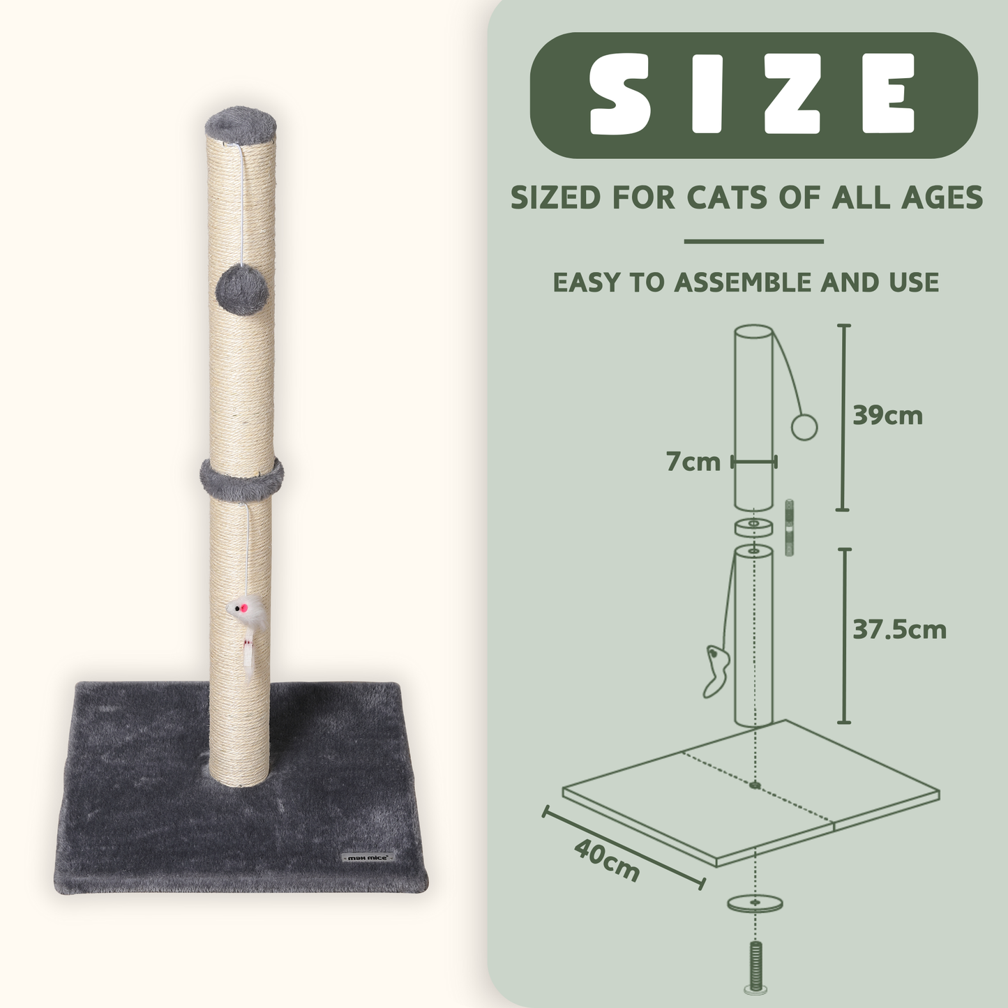Max Mice Cat Scratching Post – Tall Sisal Scratch Tower with Hanging Ball & Mouse, Sturdy Base for Kittens & Adult Cats (Grey)