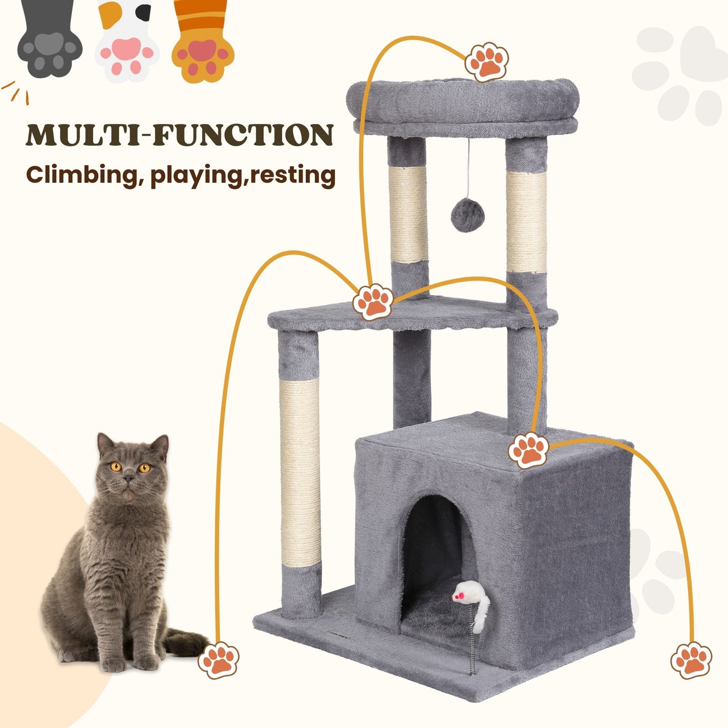 Max Mice Tree Tower Scratching Posts Multilevel Cat Climbing House with Condos & Ladder Cat Activity Centre for Indoor Cats, Grey