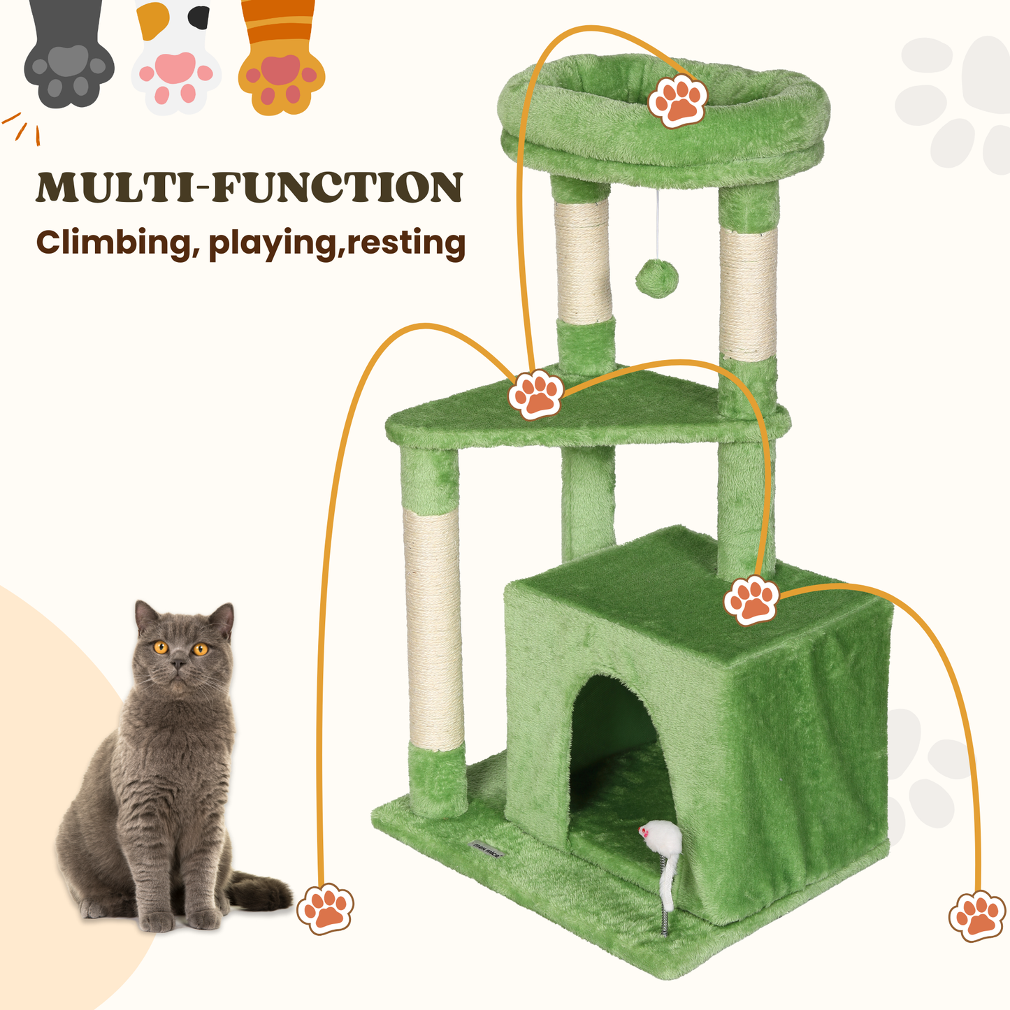 Max Mice Tree Tower Scratching Posts Multilevel Cat Climbing House with Condos & Ladder Cat Activity Centre for Indoor Cats, Green