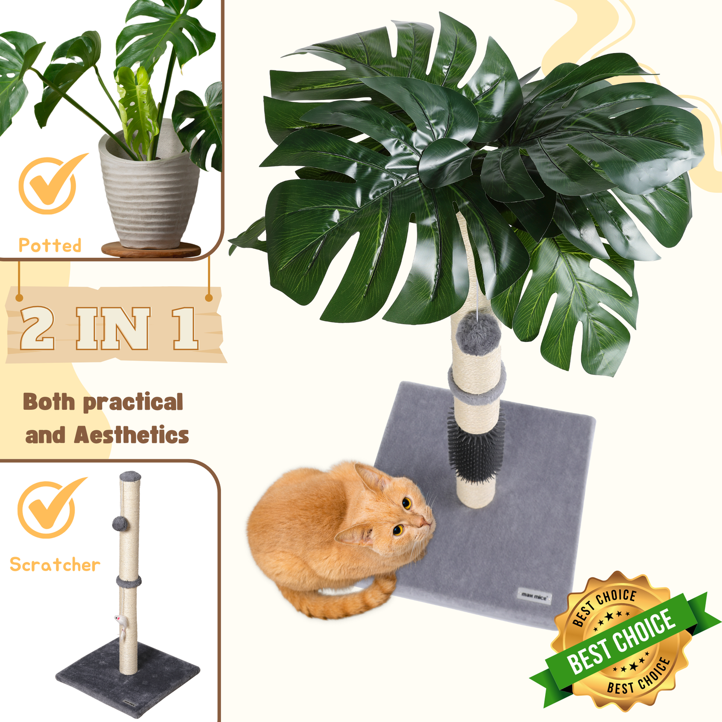 Max Mice  Cat Scratching Post, 80cm Kitten Scratching Post with Premium Sisal Rope, Cute Cat Tree with Dangling and Spring Ball Toys for Indoor Small Cats(Monstera)
