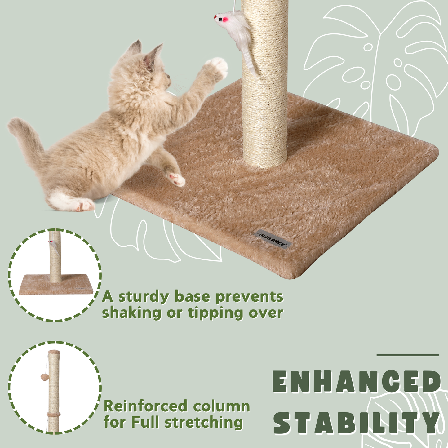 Max Mice Cat Scratching Post – Tall Sisal Scratch Tower with Hanging Ball & Mouse, Sturdy Base for Kittens & Adult Cats (Beige)