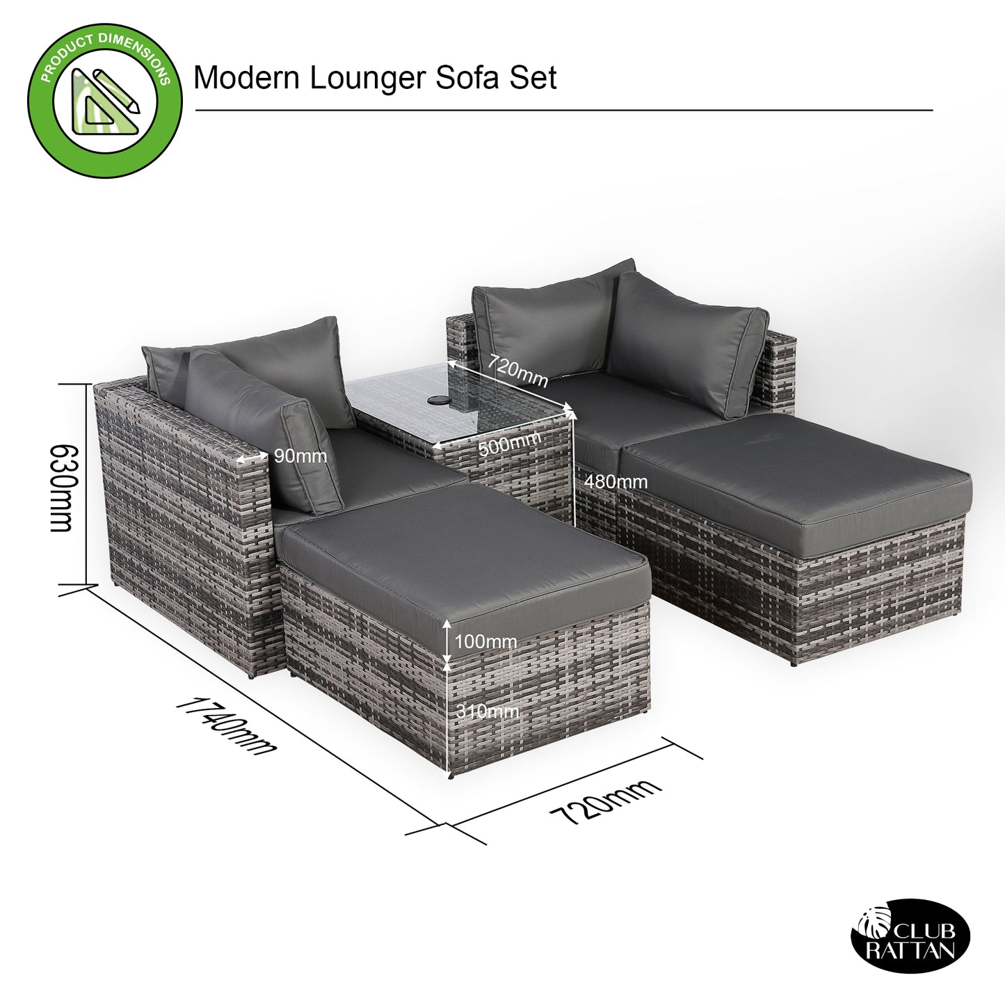 Modern Range Lounger Chaise Sofa Set with Side Table in Grey Rattan with Free Rain Cover