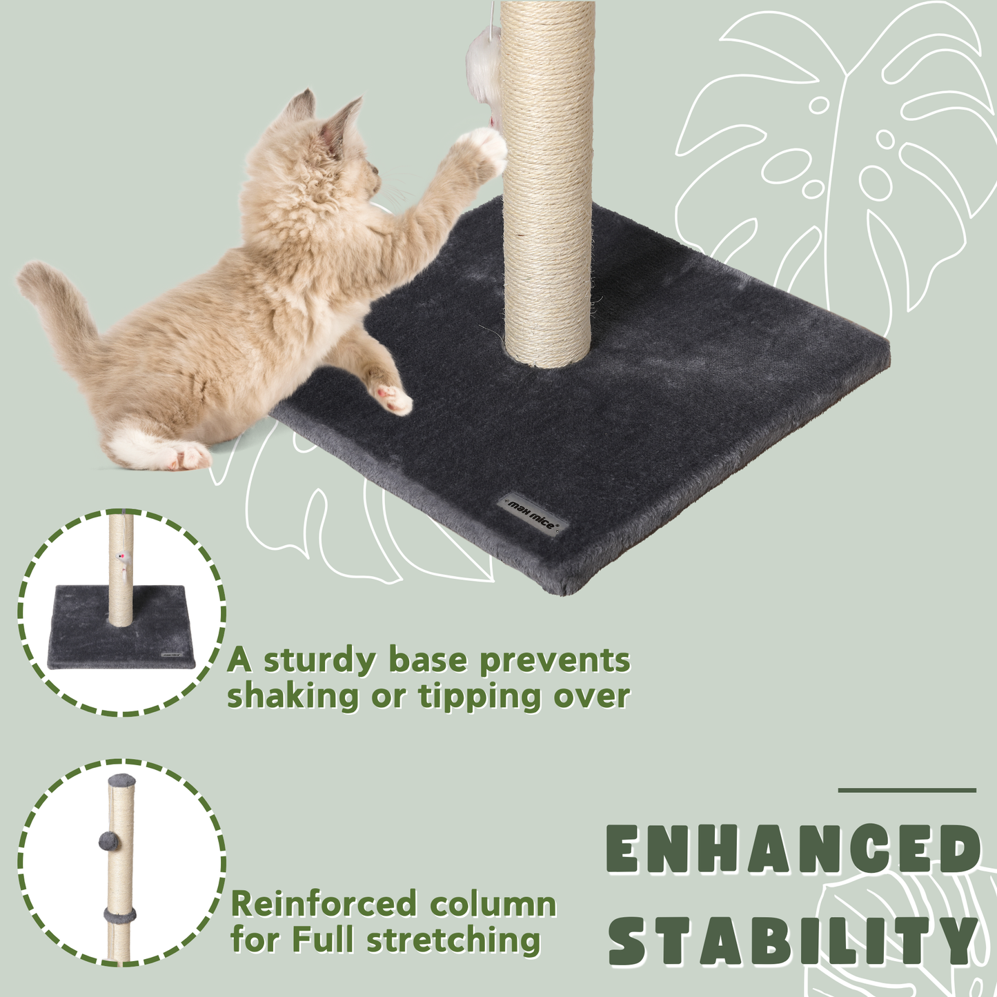 Max Mice Cat Scratching Post – Tall Sisal Scratch Tower with Hanging Ball & Mouse, Sturdy Base for Kittens & Adult Cats (Grey)