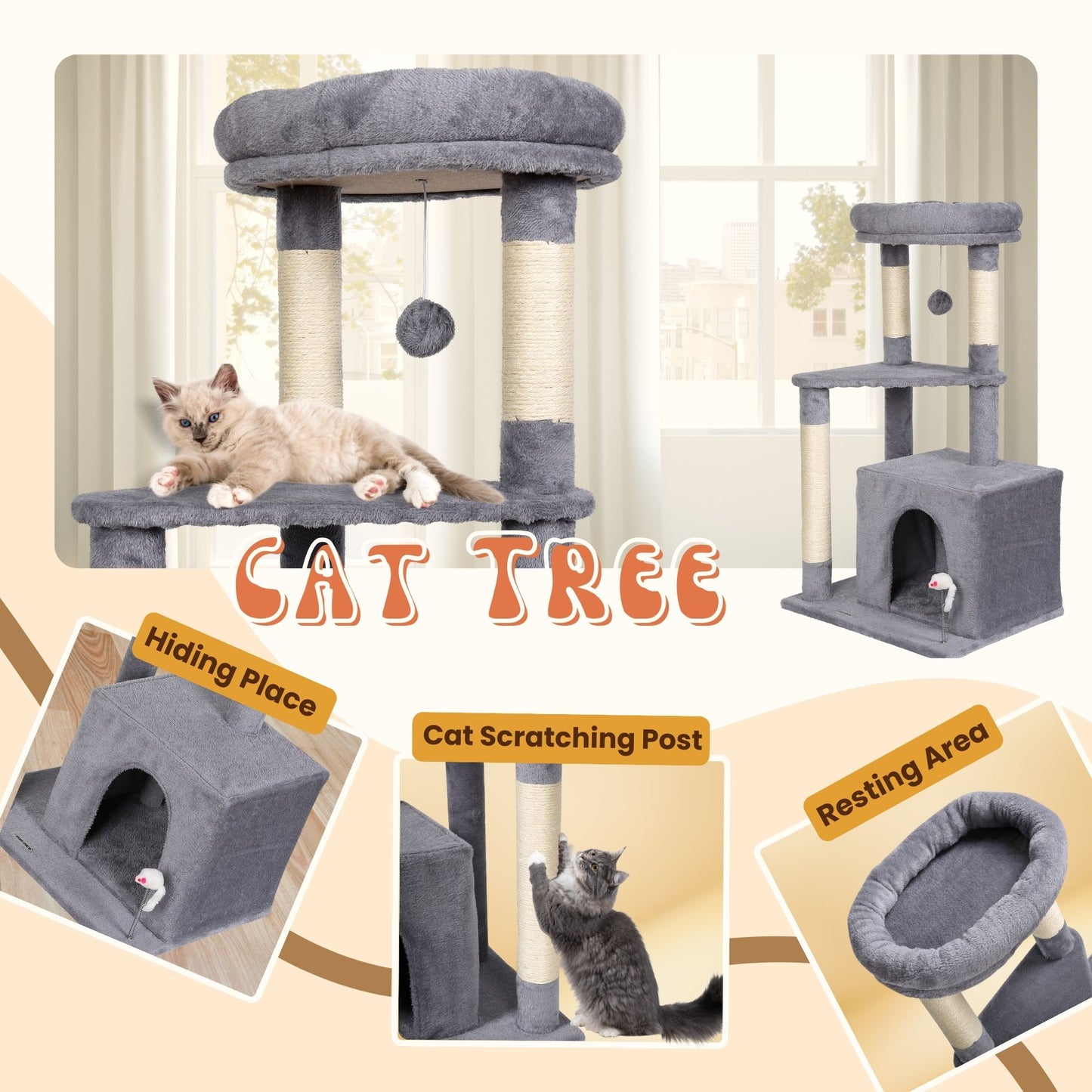 Max Mice Tree Tower Scratching Posts Multilevel Cat Climbing House with Condos & Ladder Cat Activity Centre for Indoor Cats, Grey