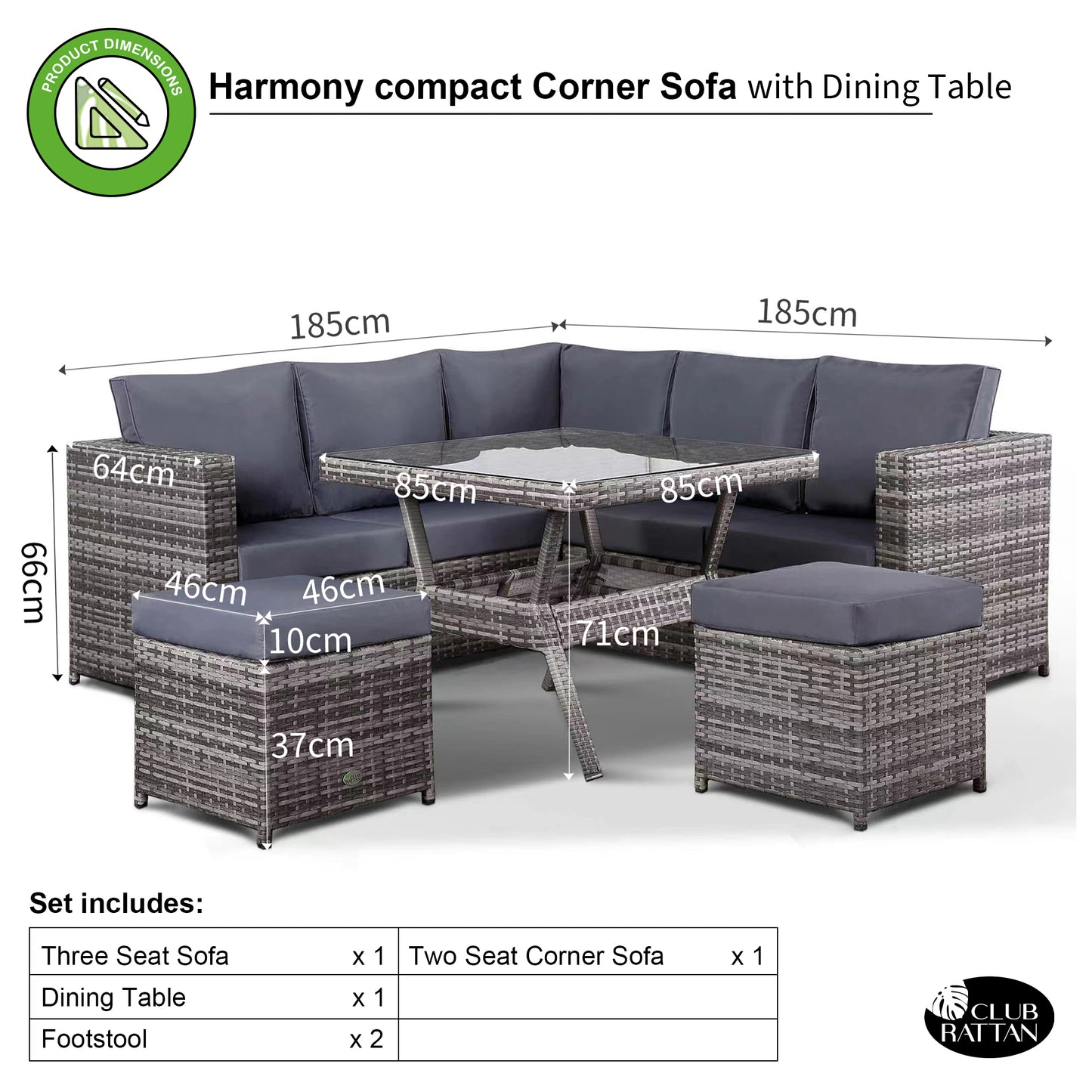 Modern Range Lille Compact Corner Sofa with Dining Table in Grey Rattan