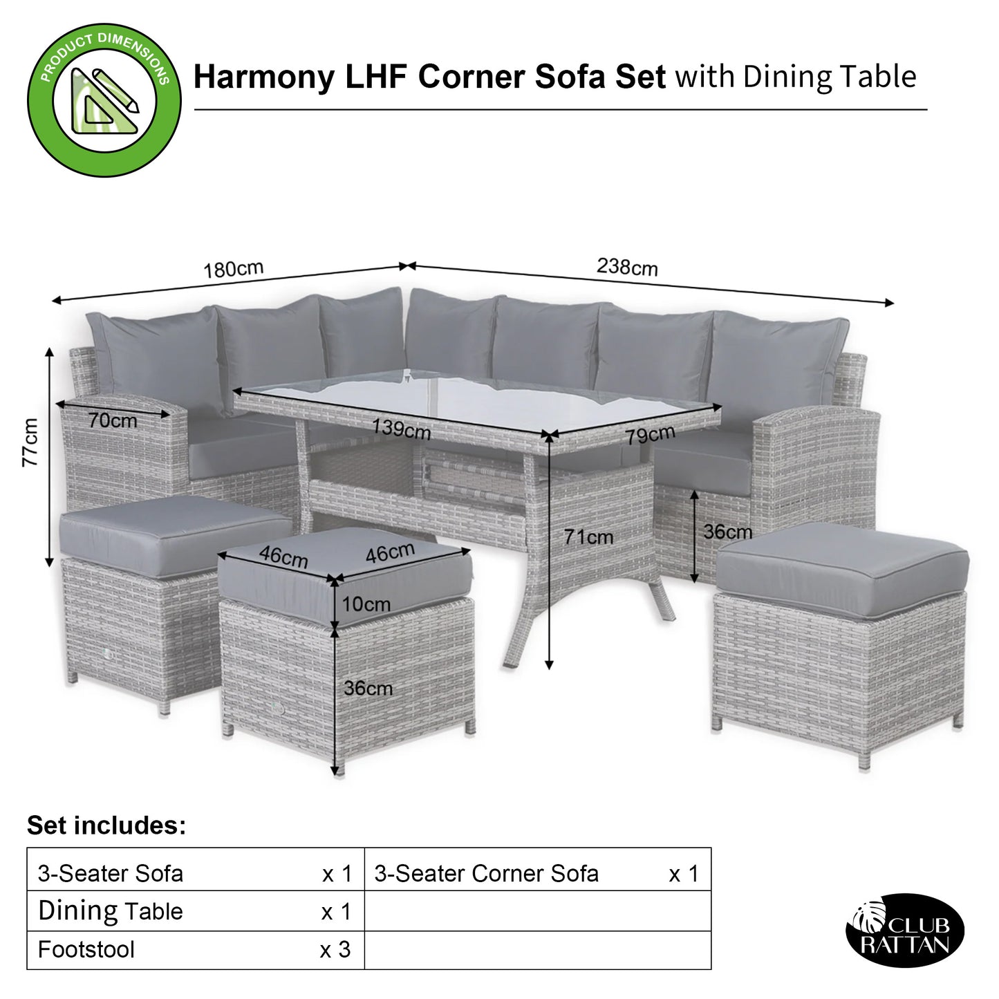 Harmony Range High Back Left Hand Corner Sofa Set with Dinning Table in Grey Rattan(CS14)