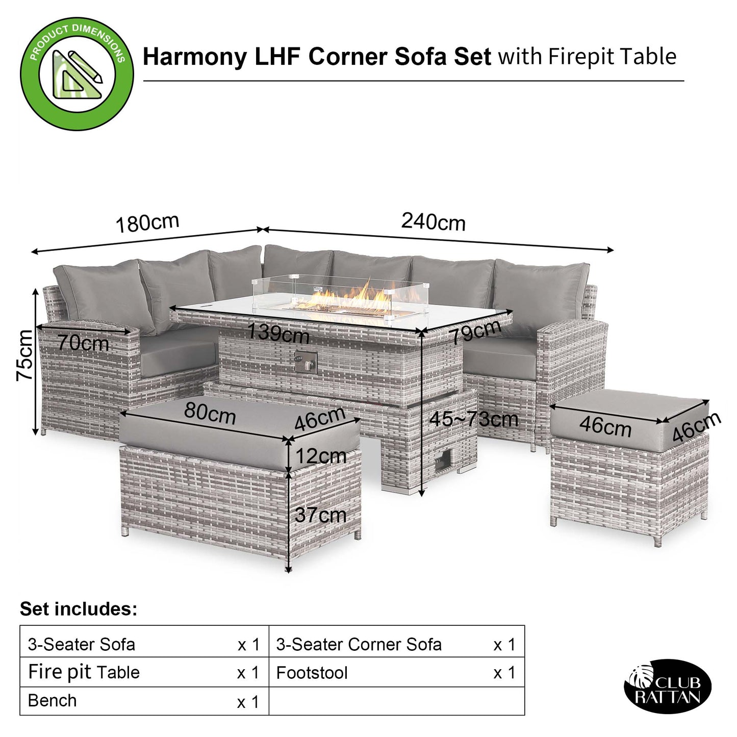 Harmony Range High Back Left Hand Corner Sofa Set with Fire Pit Rising Table in Grey Weave