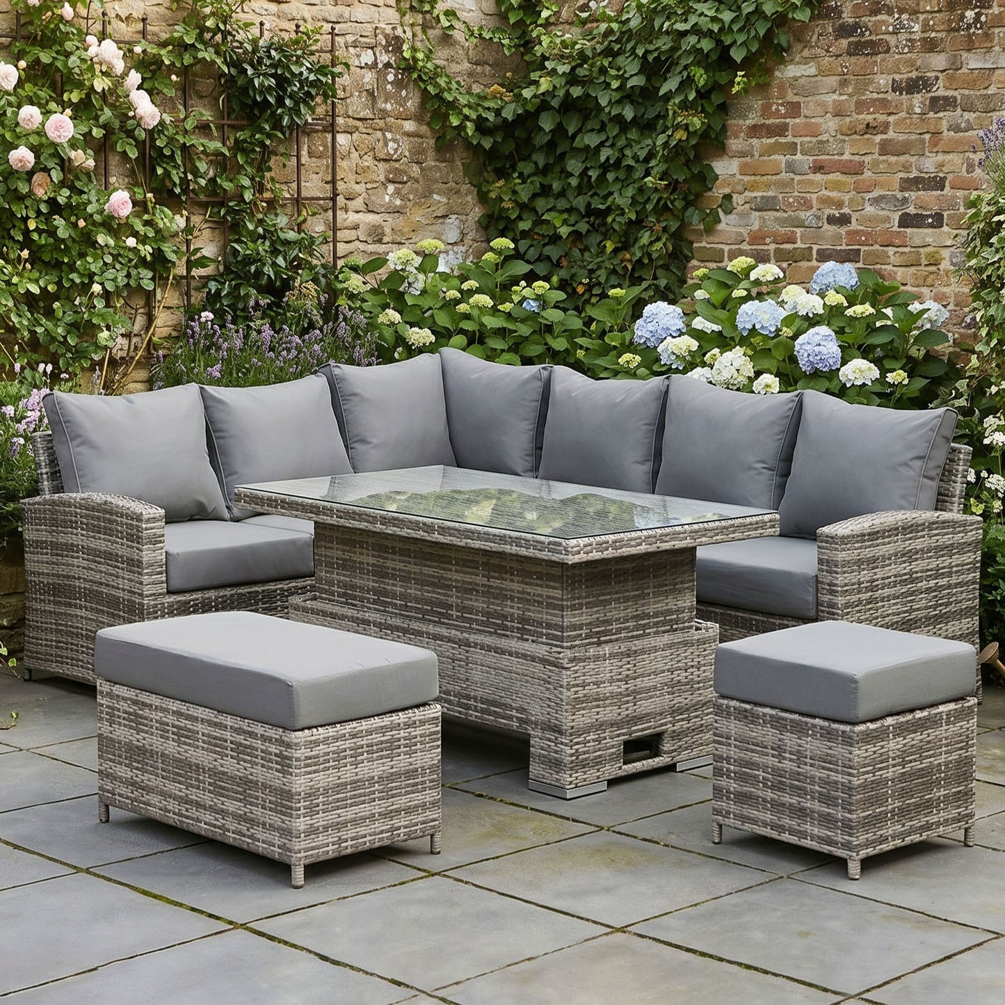 Harmony Range High Back Left Hand Corner Sofa Set with Rising Table in Grey Weave