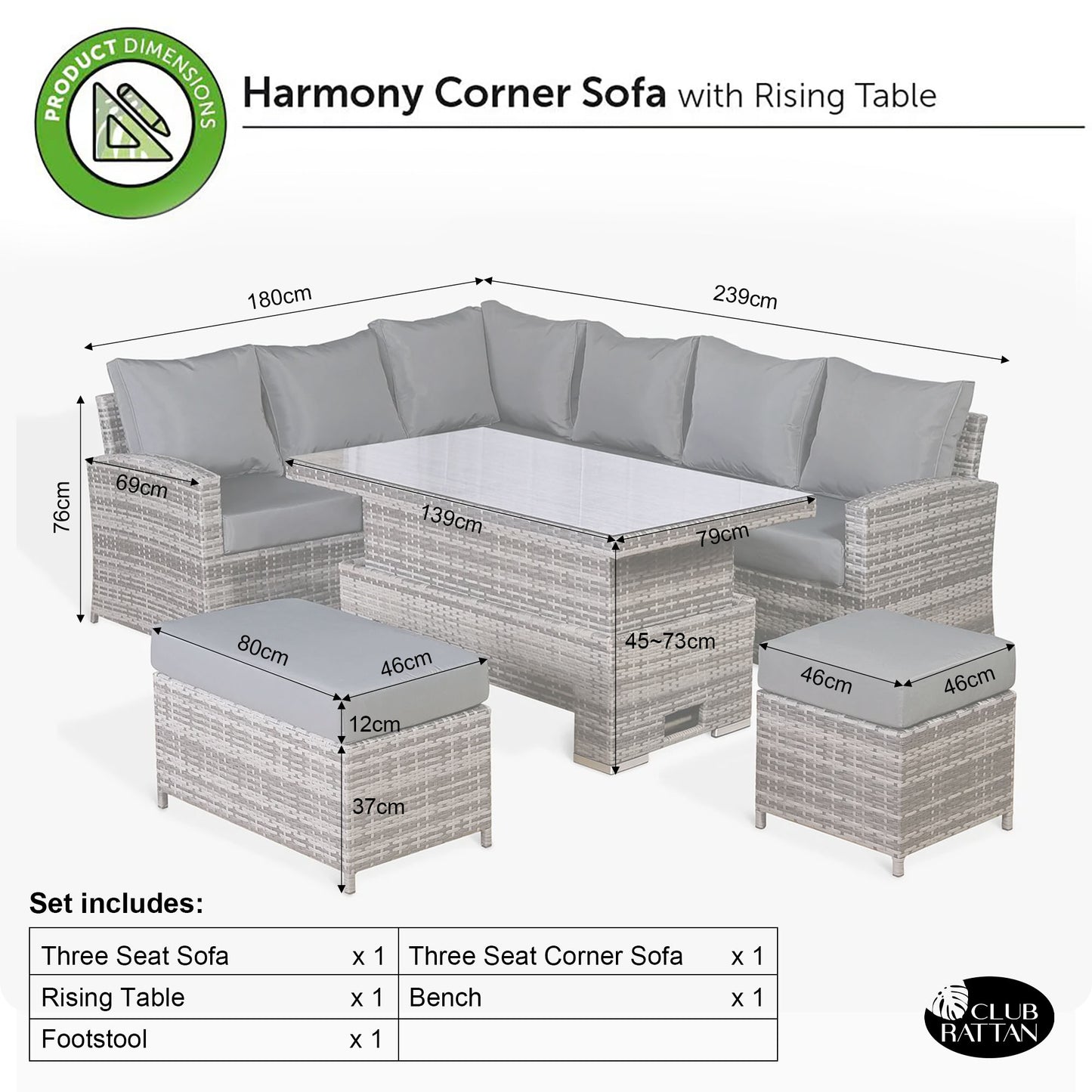 Harmony Range High Back Left Hand Corner Sofa Set with Rising Table in Grey Weave