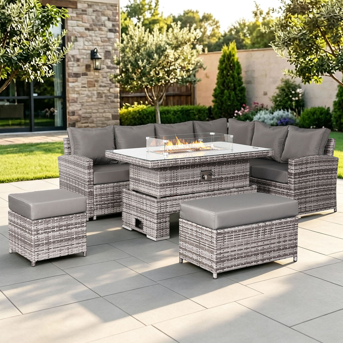 Harmony Range High Back Right Hand Corner Sofa Set with Fire Pit Rising Table in Grey Weave