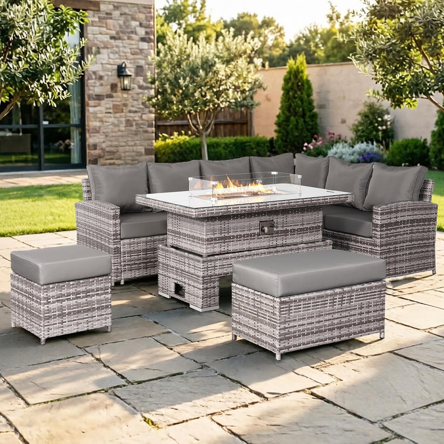 Harmony Range High Back Right Hand Corner Sofa Set with Fire Pit Rising Table in Grey Waeve