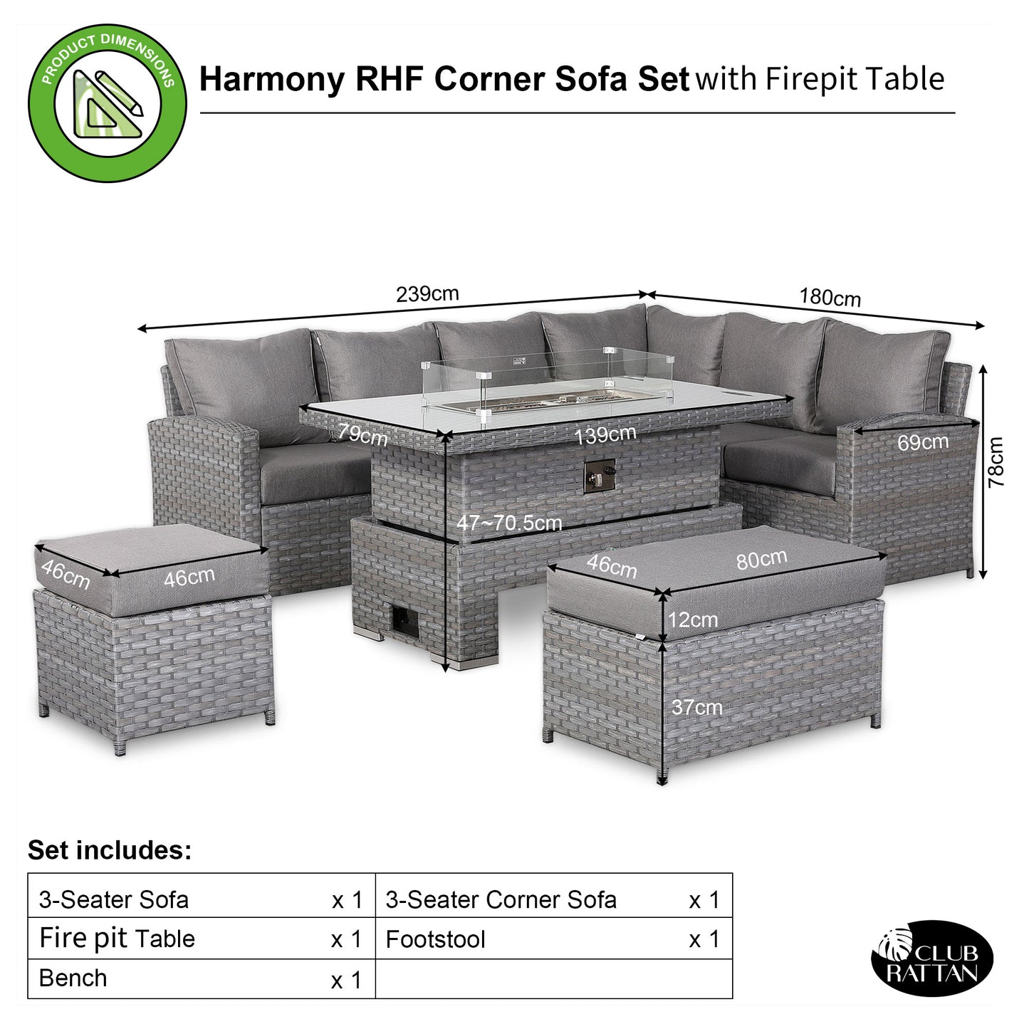 Isobella High Back Right Hand Corner Sofa Set with Fire Pit Rising Table