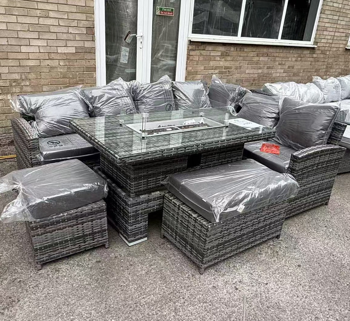 CLEARANCE | Harmony Range High Back Right Hand Corner Sofa Set with Fire Pit Rising Table in Grey Weave (Copy)