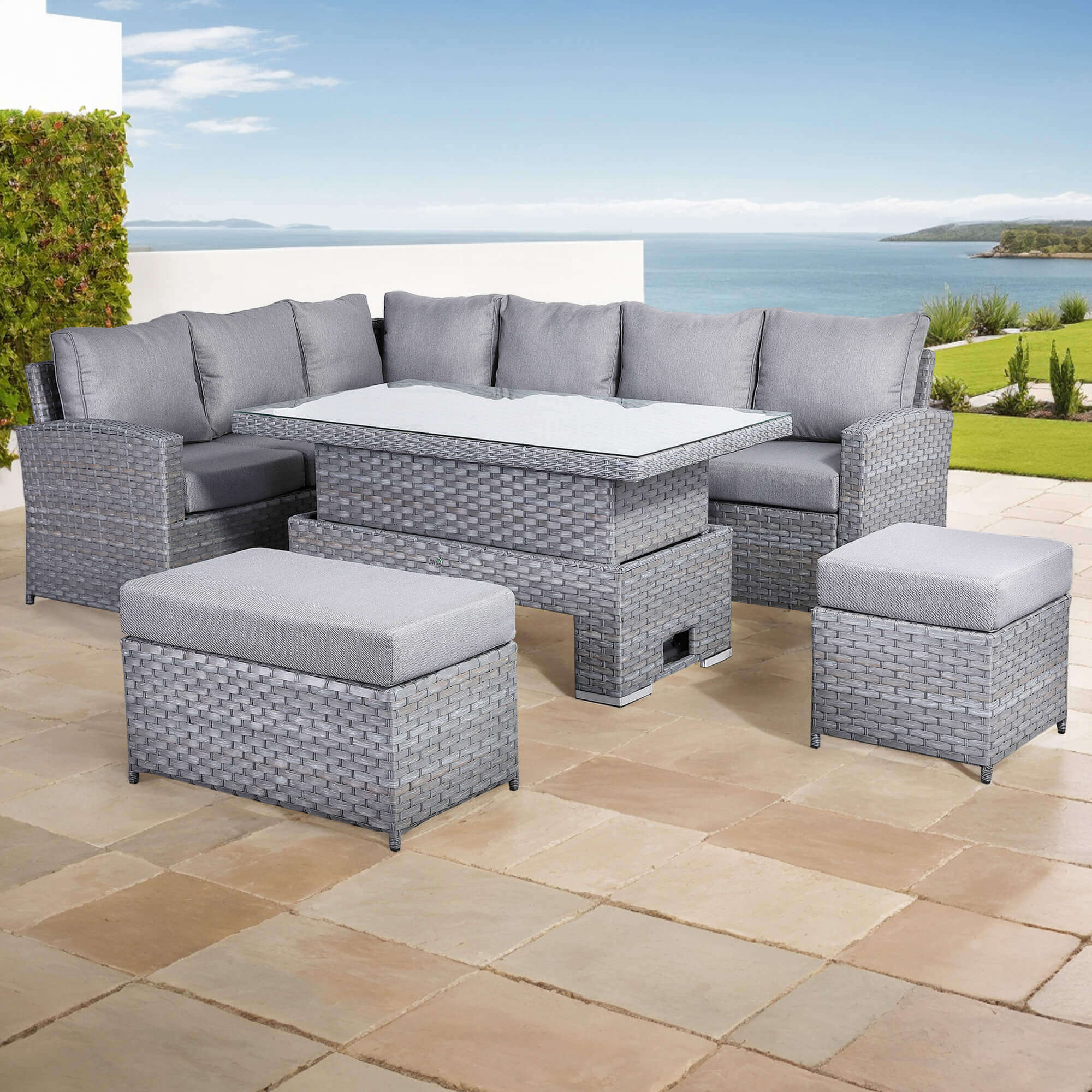 Isabella Grey High-Back Rattan Corner Sofa Set with Rising Table