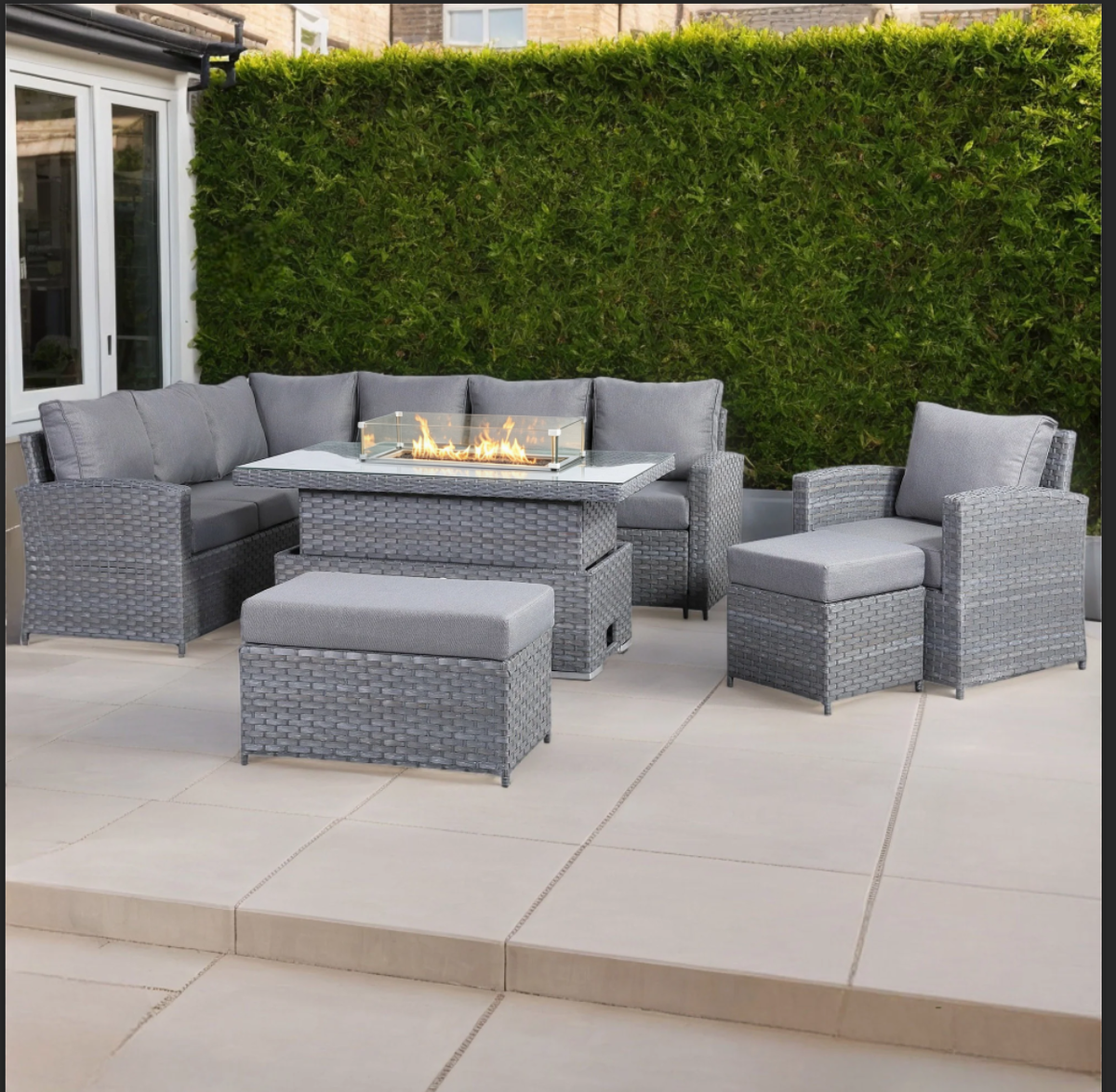 Isobella 10 Seater Elite Left Hand Corner Sofa Set with Fire Pit Rising Table and Arm Chair in Grey Rattan