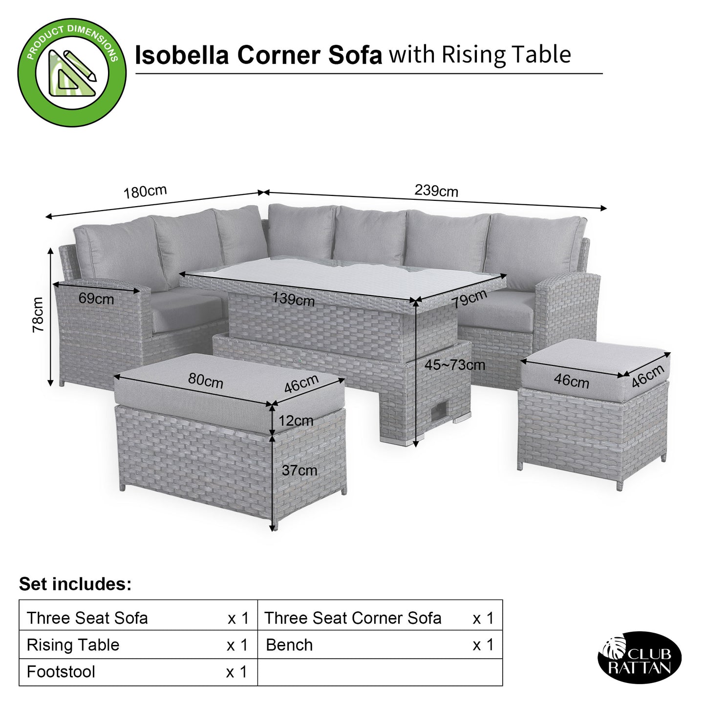 Isobella High Back Range Left Hand Corner Sofa Set with Rising Table in Preminum Grey Rattan