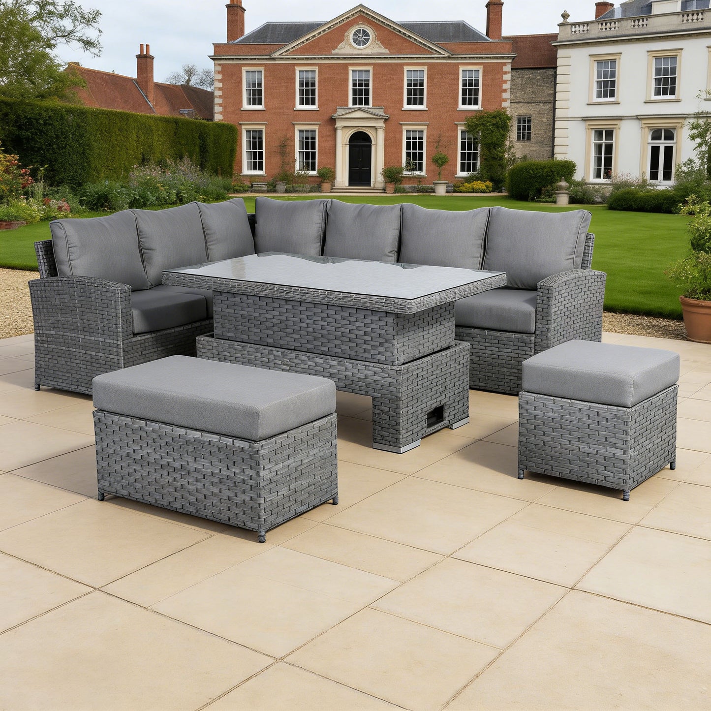 Isobella High Back Range Left Hand Corner Sofa Set with Rising Table in Preminum Grey Rattan