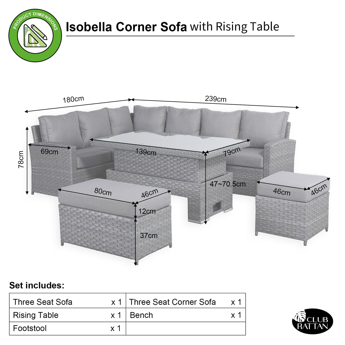 Isobella High Back Range Left Hand Corner Sofa Set with Rising Table in Preminum Grey Rattan