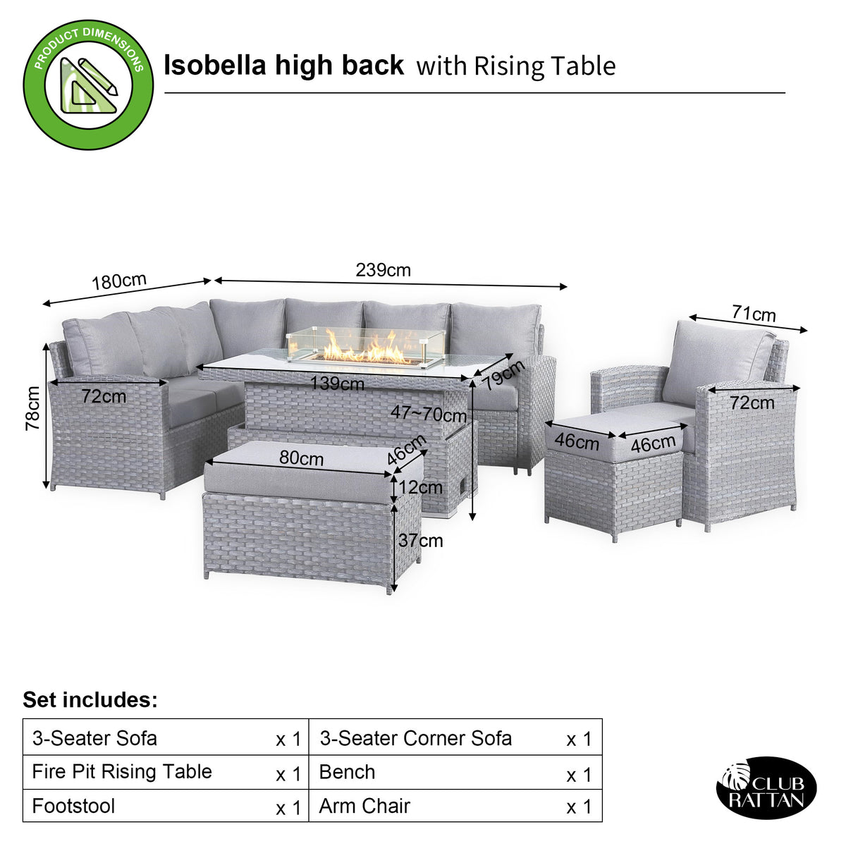 Isobella 10 Seater Elite Left Hand Corner Sofa Set with Fire Pit Rising Table and Arm Chair in Grey Rattan