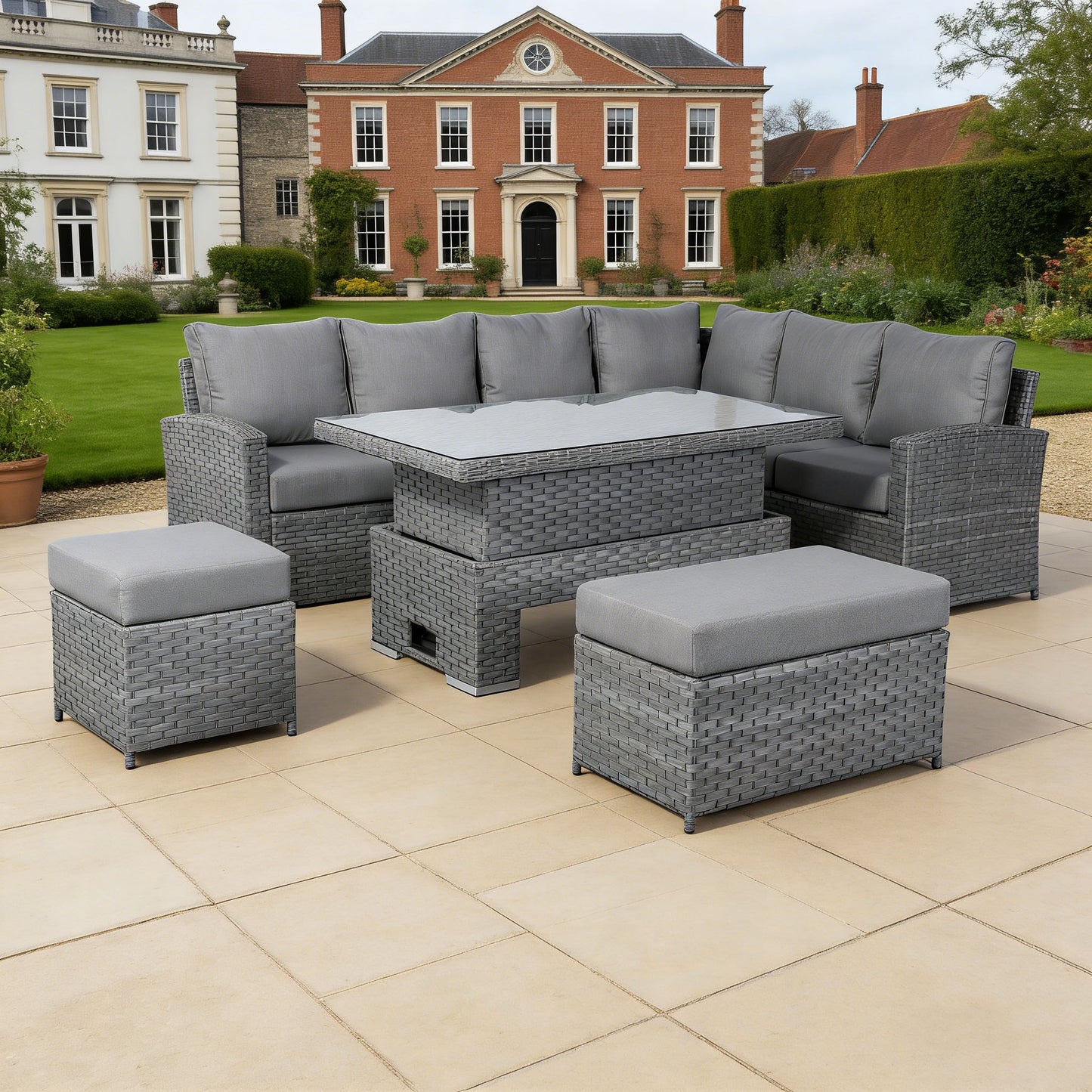 Isobella High Back Range Right Hand Corner Sofa Set with Rising Table in Preminum Grey Rattan