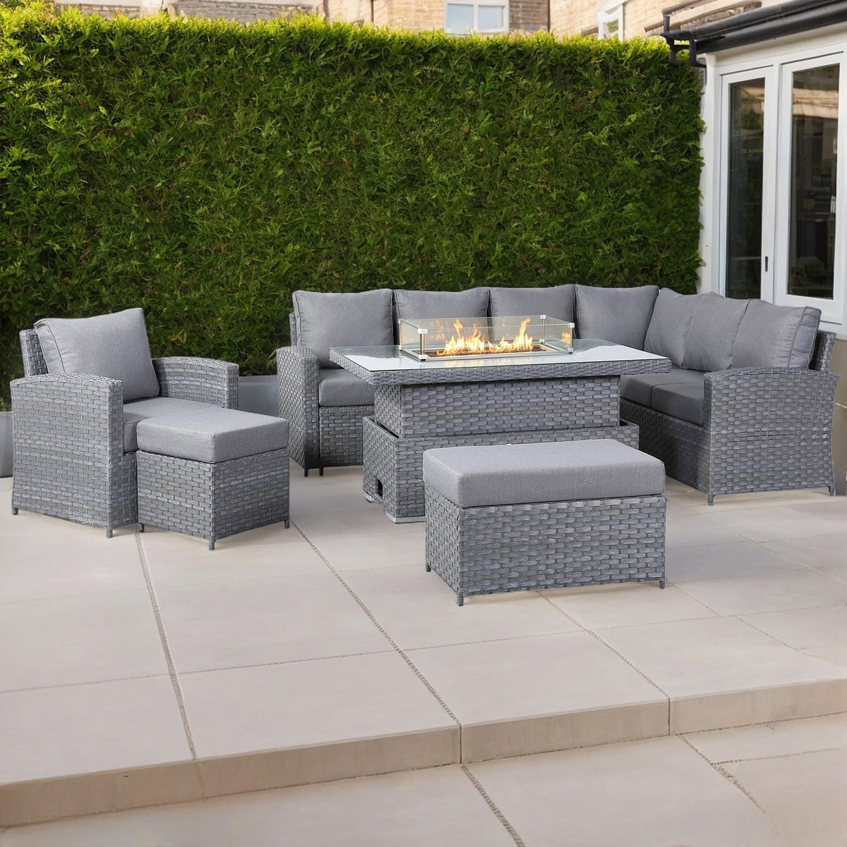 Isobella 10 seater Elite Right Hand Corner Sofa Set with Fire Pit Rising Table and Arm Chair in Grey Rattan