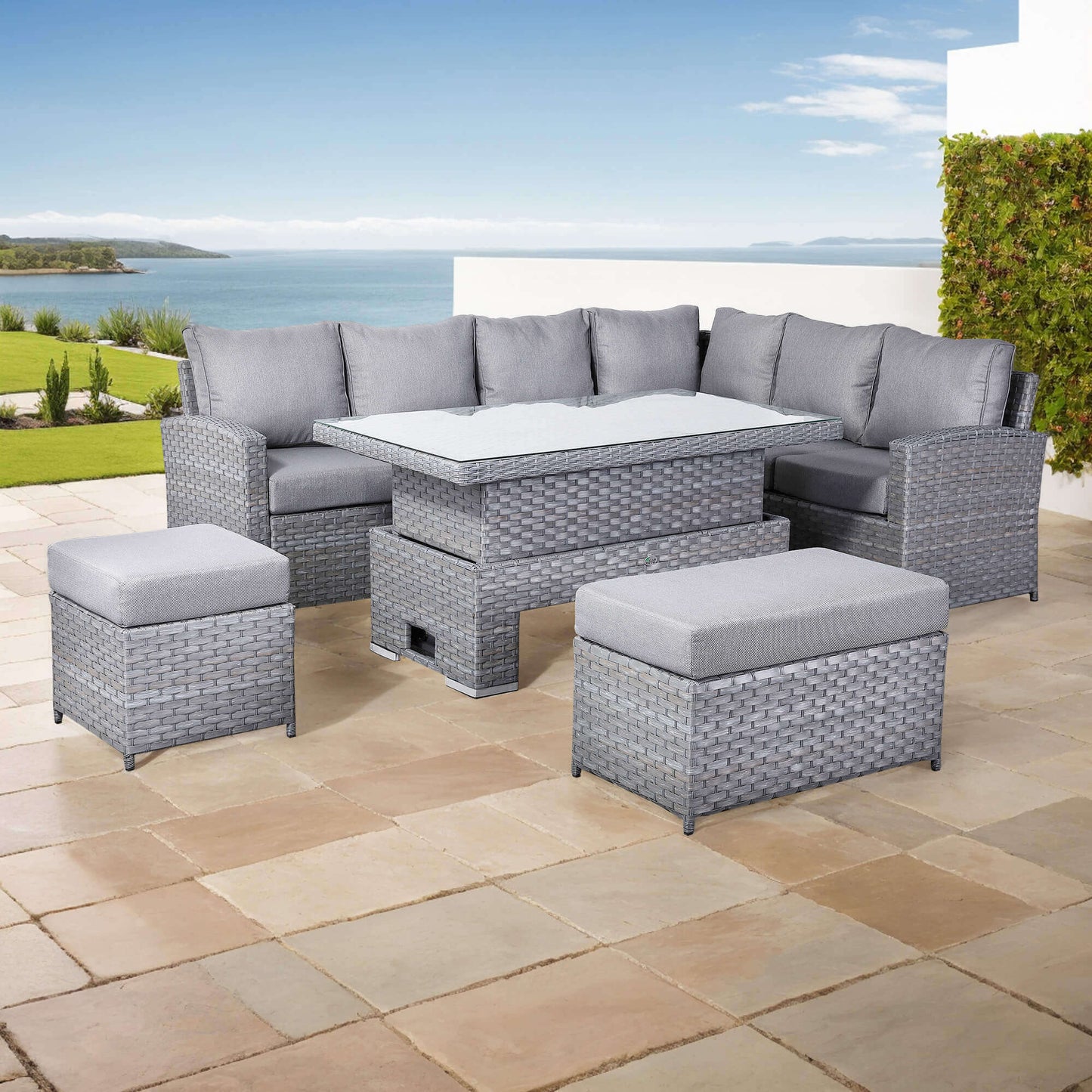 Isobella High Back Range Right Hand Corner Sofa Set with Rising Table in Preminum Grey Rattan