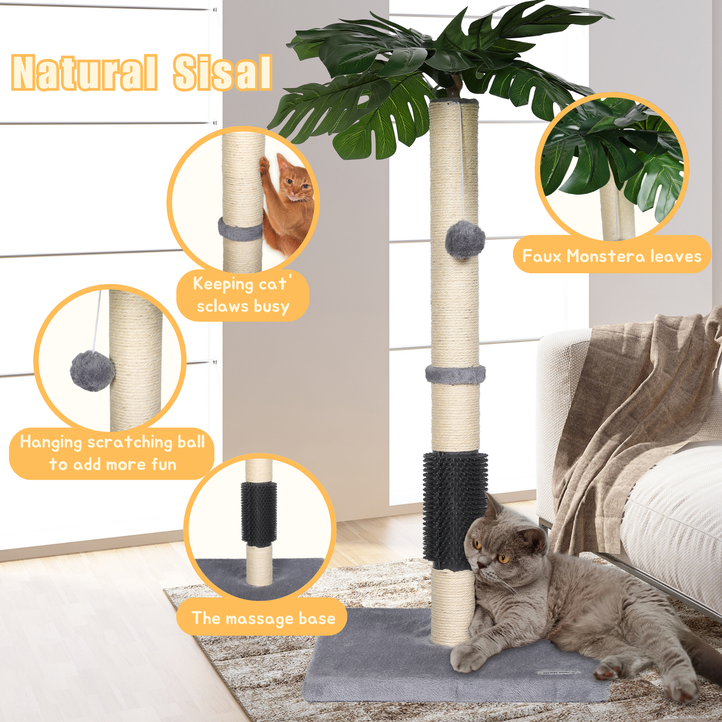 Max Mice  Cat Scratching Post, 80cm Kitten Scratching Post with Premium Sisal Rope, Cute Cat Tree with Dangling and Spring Ball Toys for Indoor Small Cats(Monstera)