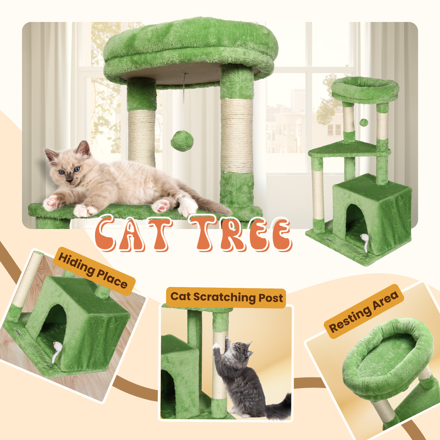 Max Mice Tree Tower Scratching Posts Multilevel Cat Climbing House with Condos & Ladder Cat Activity Centre for Indoor Cats, Green