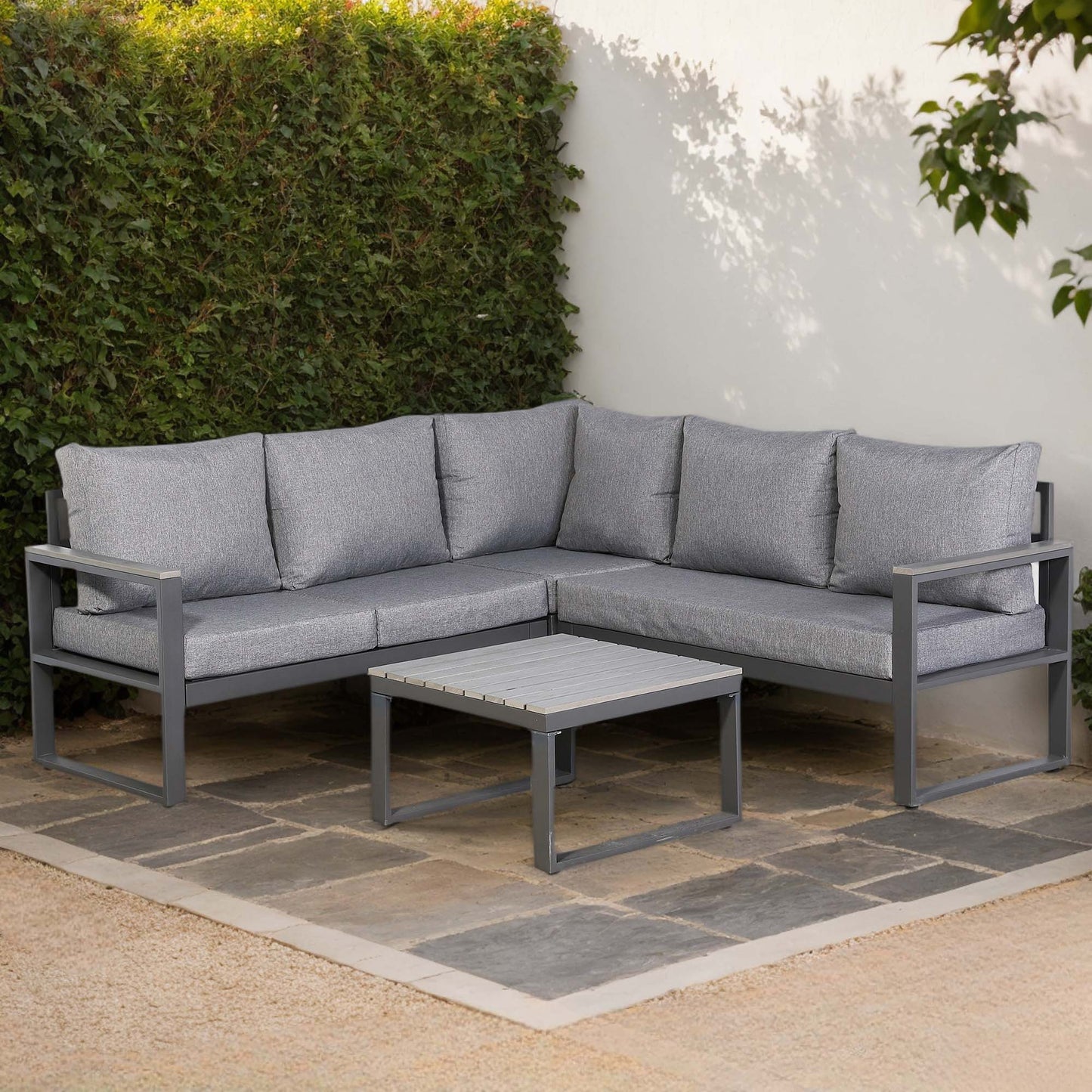 CK-01 Dune Range Square Corner Set Charcoal Aluminium Frame With Grey Cushions