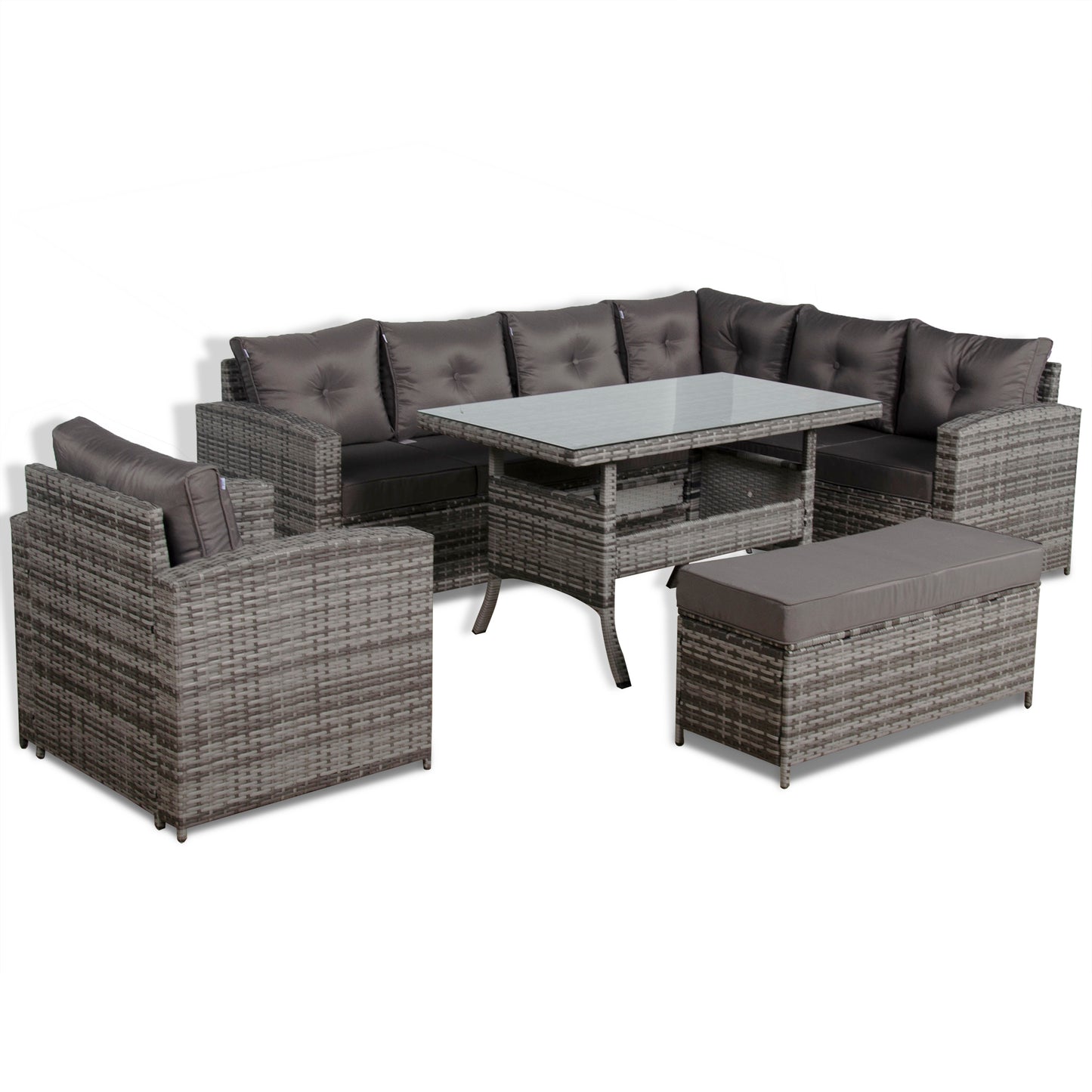 Due in 30/06/25 Henley Range Rlite Rhf Corner Sofa Set with Dining Table in Grey Rattan