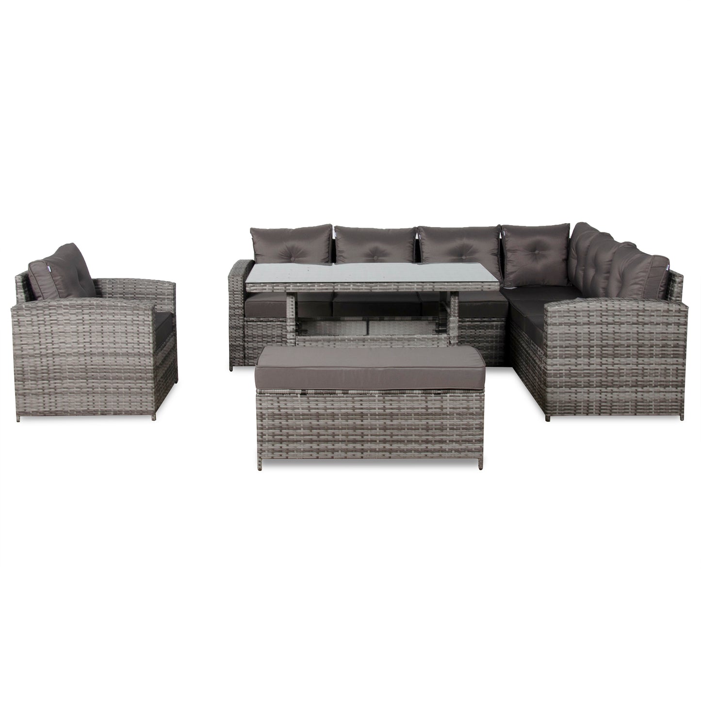 Due in 30/06/25 Henley Range Rlite Rhf Corner Sofa Set with Dining Table in Grey Rattan