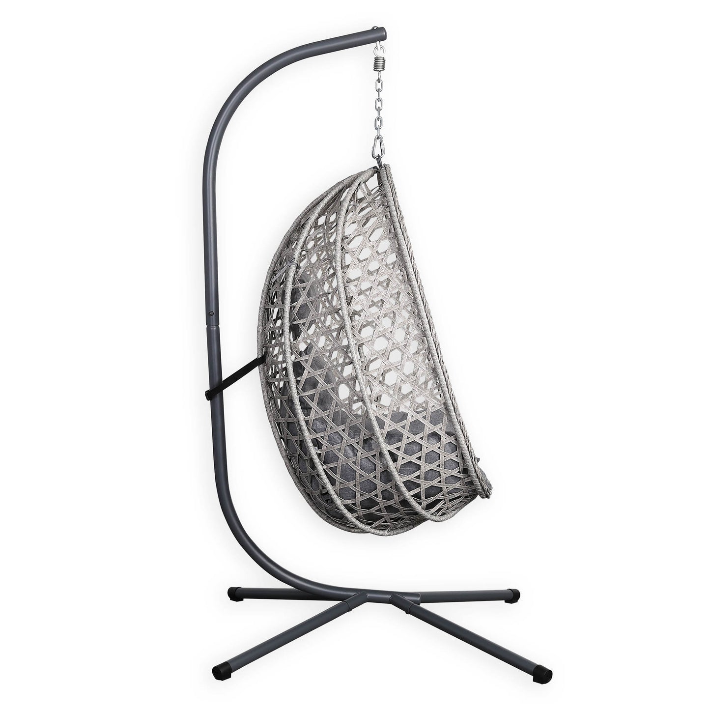 Club Rattan Nest Hanging Egg Swing Chair with Stand, Thick Showerproof Cushions, for Living Room,Balcony or Outdoor, Grey Weave & Black Stand