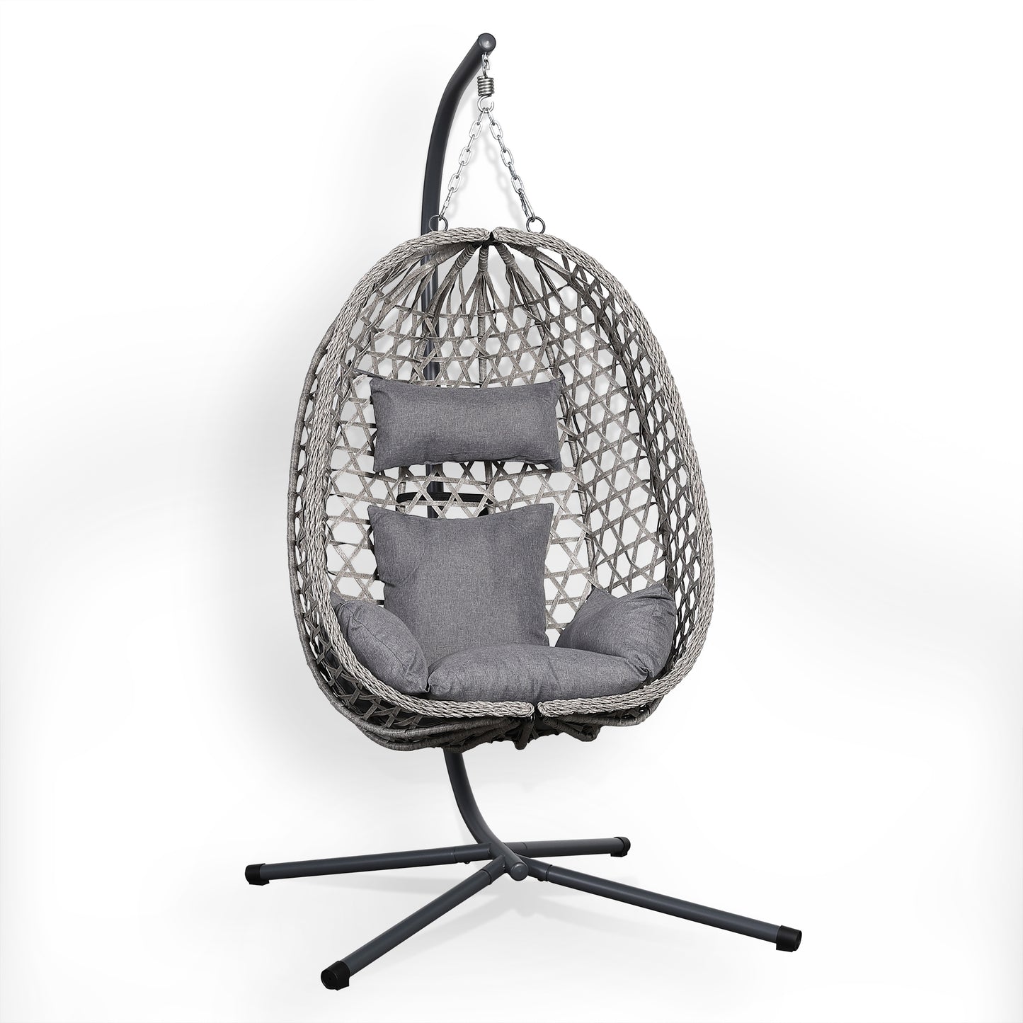 Club Rattan Nest Hanging Egg Swing Chair with Stand, Thick Showerproof Cushions, for Living Room,Balcony or Outdoor, Grey Weave & Black Stand