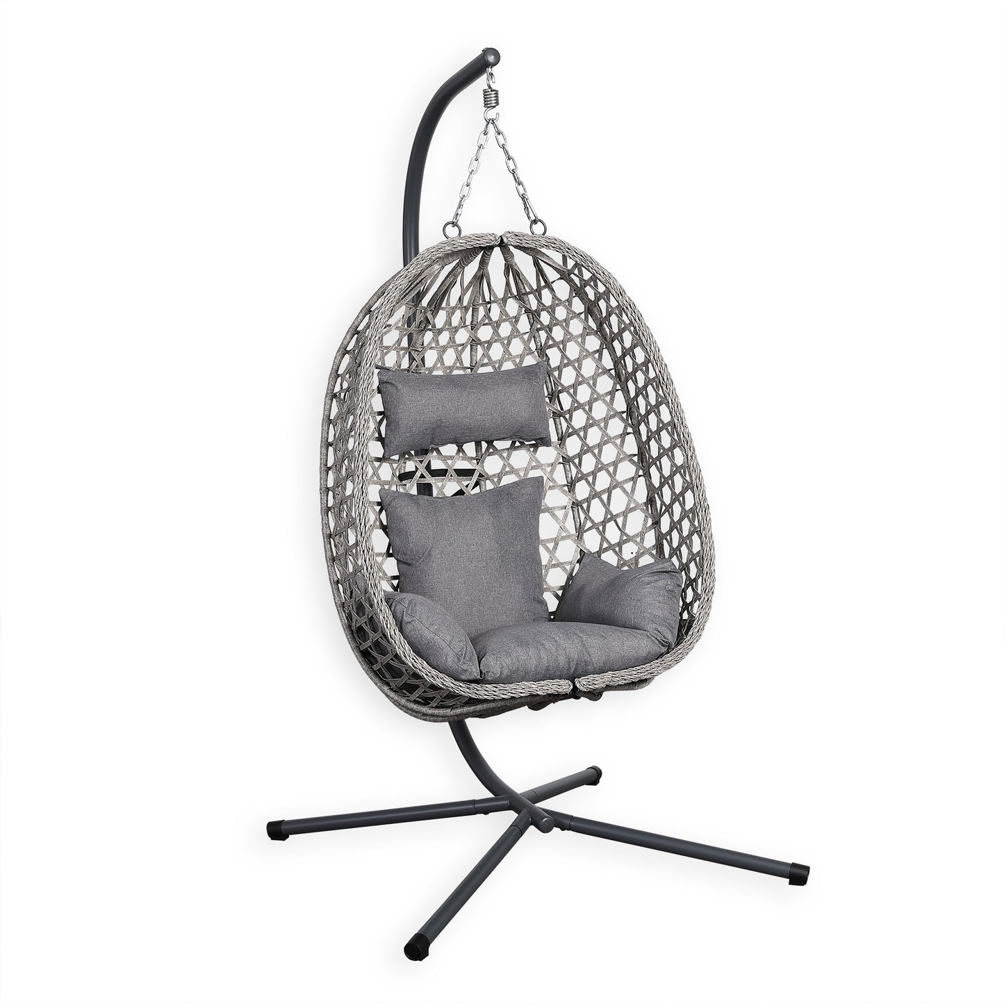 Club Rattan Nest Hanging Egg Swing Chair with Stand, Thick Showerproof Cushions, for Living Room,Balcony or Outdoor, Grey Weave & Black Stand