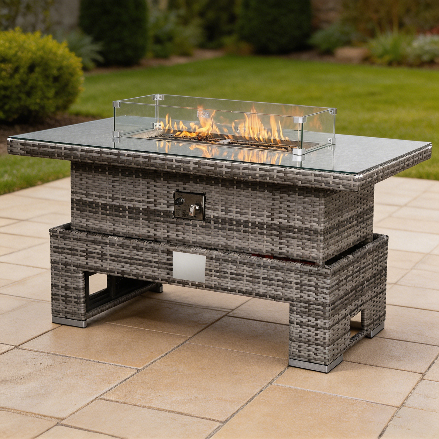 Harmony Gas Firepit Rising Table with Glass Wind Guard & Lava Rocks, 55,000 BTU
