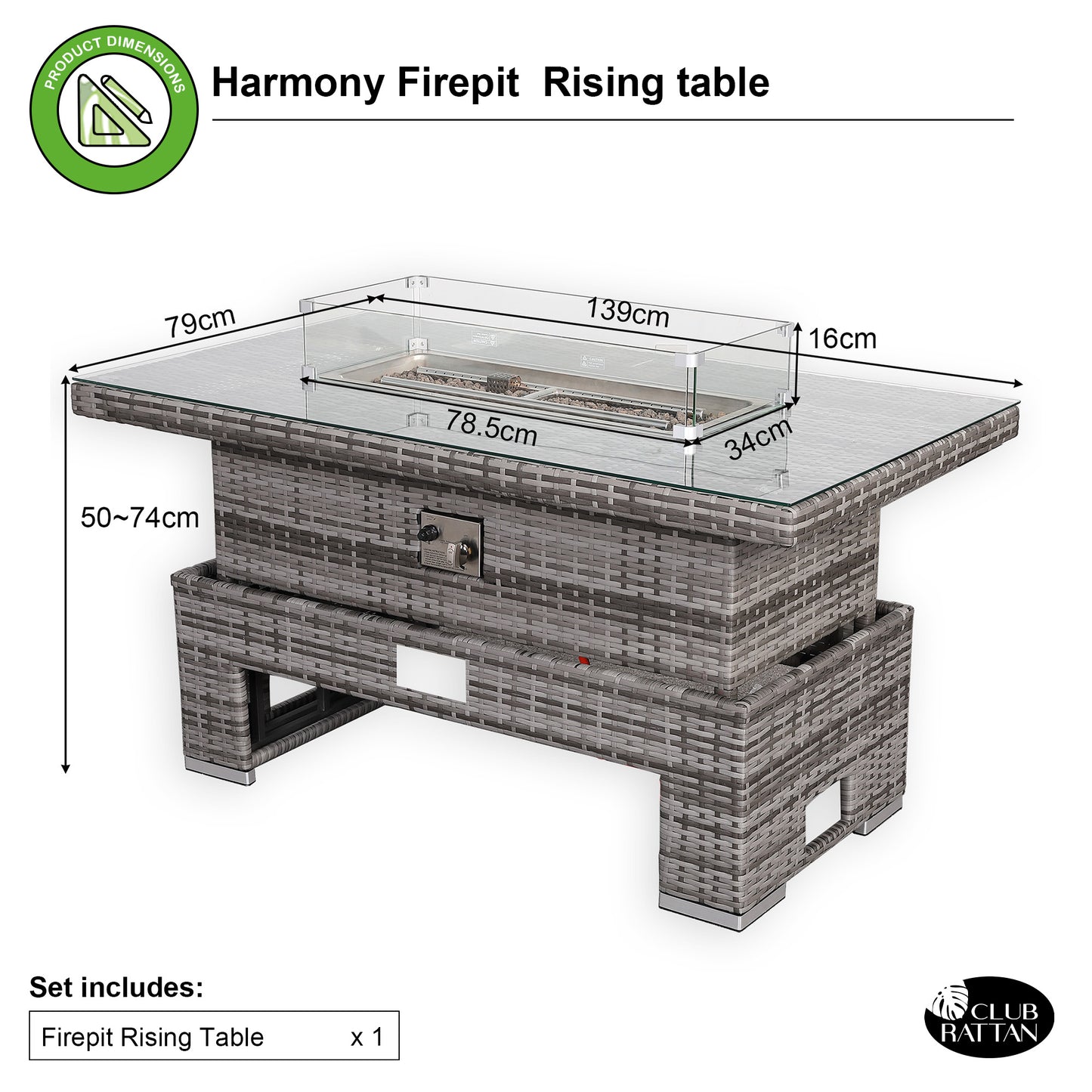 Harmony Gas Firepit Rising Table with Glass Wind Guard & Lava Rocks, 55,000 BTU