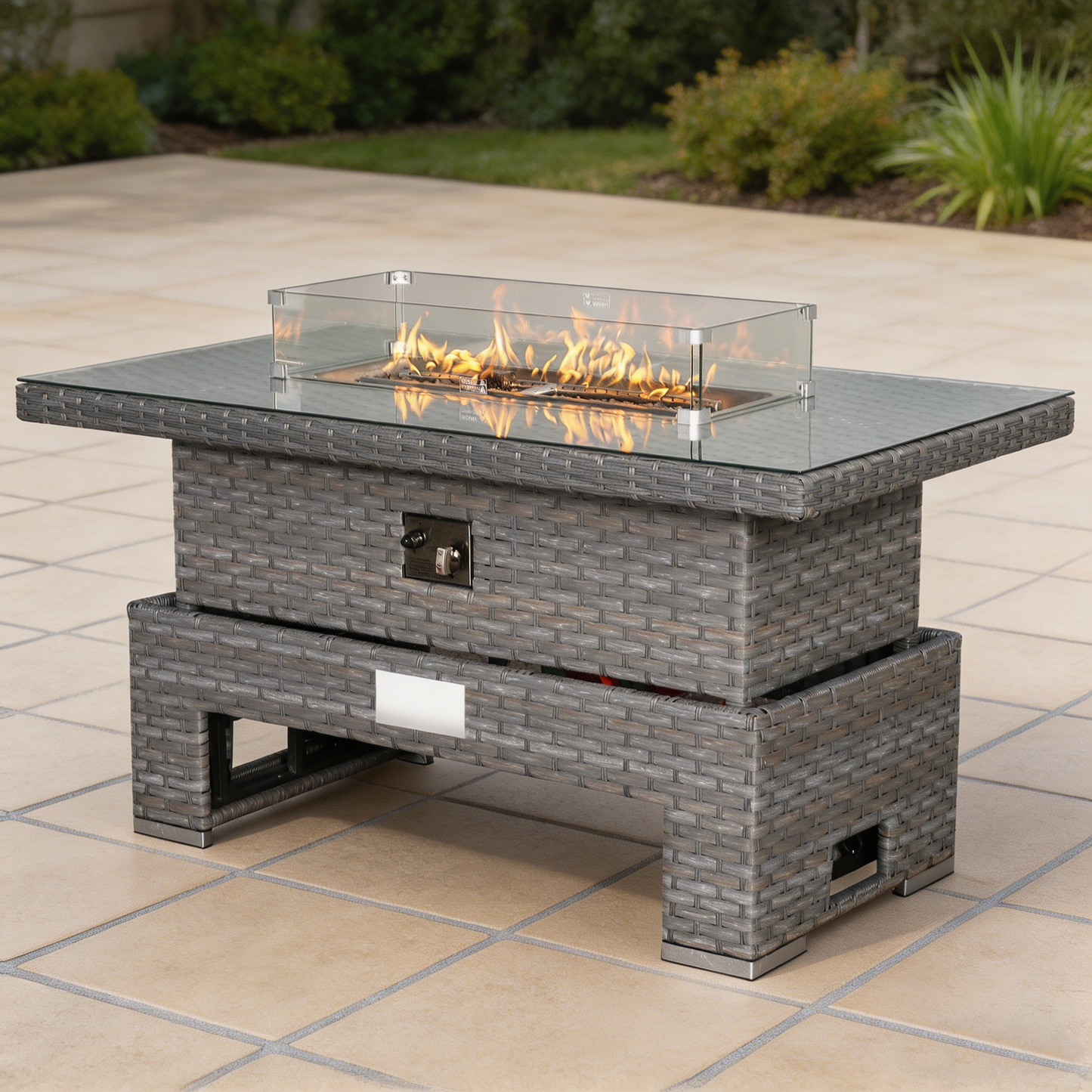 Isobella Gas Firepit Rising Table with Glass Wind Guard & Lava Rocks, 55,000 BTU