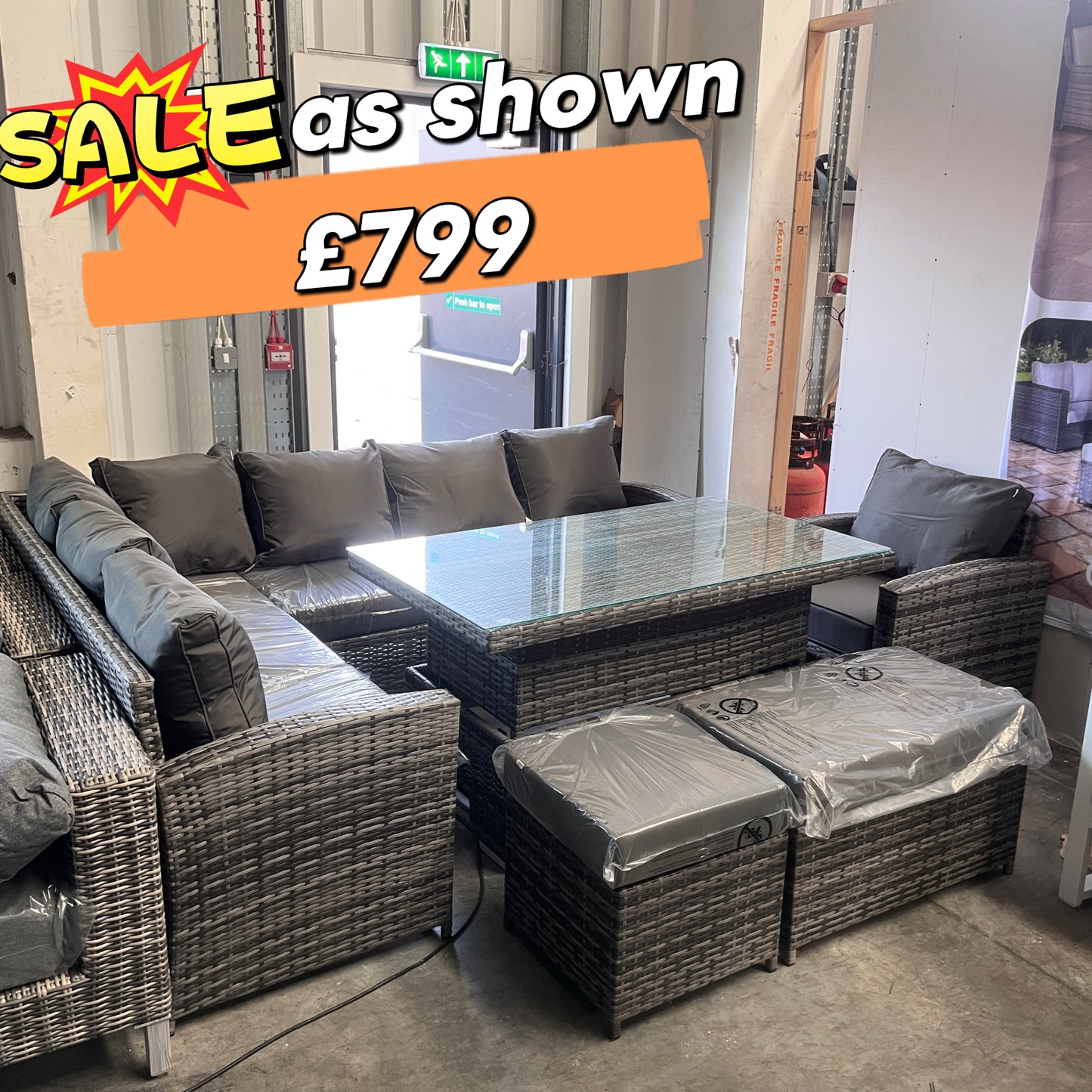 Warehouse Clearance---Harmony Range Elite Left Hand Corner Sofa Set with Rising Table and Arm Chair in Grey Rattan
