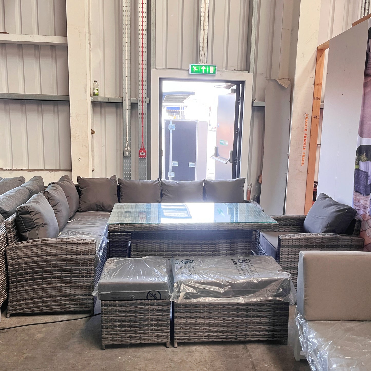 Warehouse Clearance---Harmony Range Elite Left Hand Corner Sofa Set with Rising Table and Arm Chair in Grey Rattan