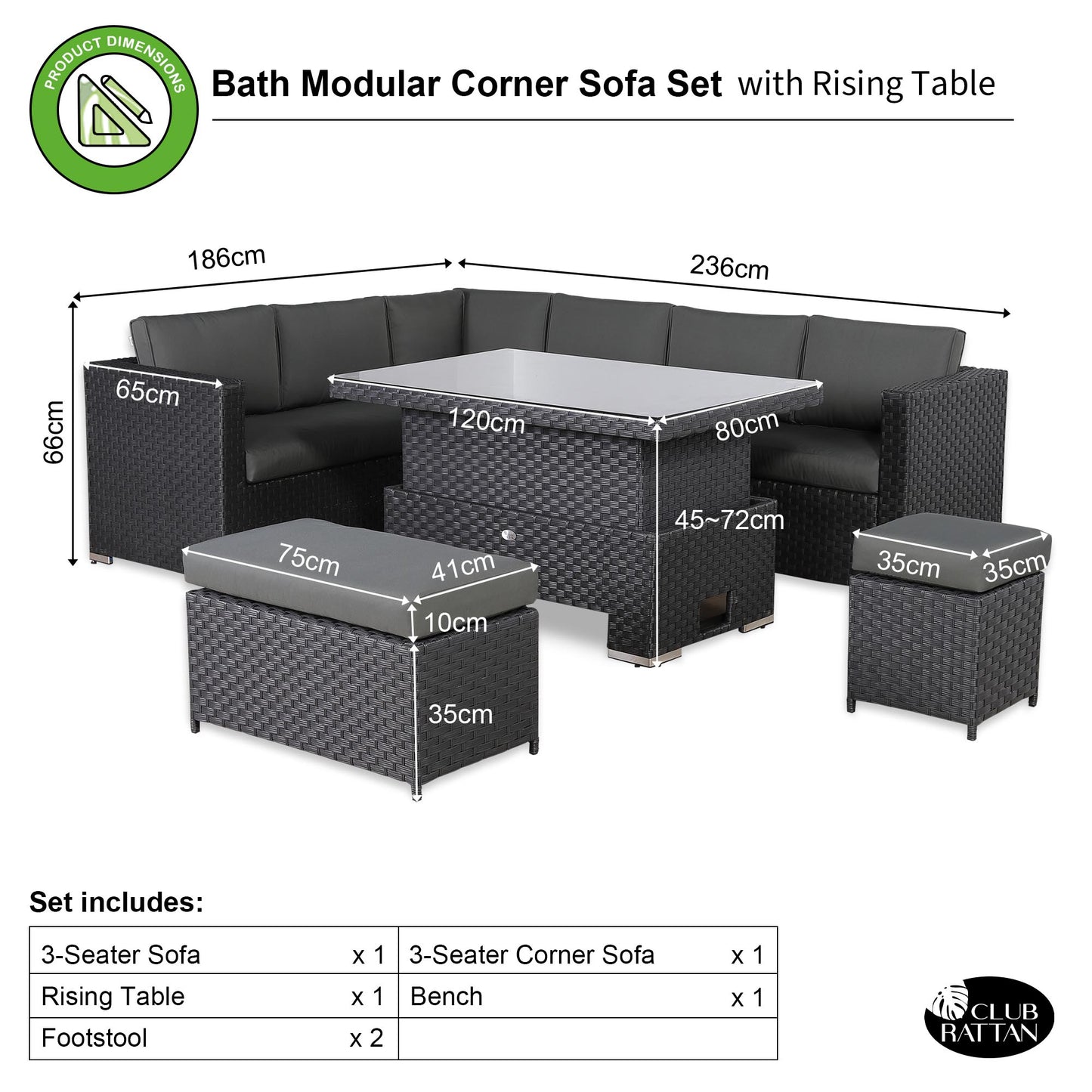 Bath Range Modular Corner Sofa with Rising Table in Large Black Rattan