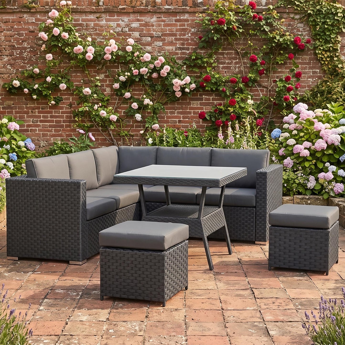 Bath Range Compact Corner Sofa Set with Dining Table in Black Rattan